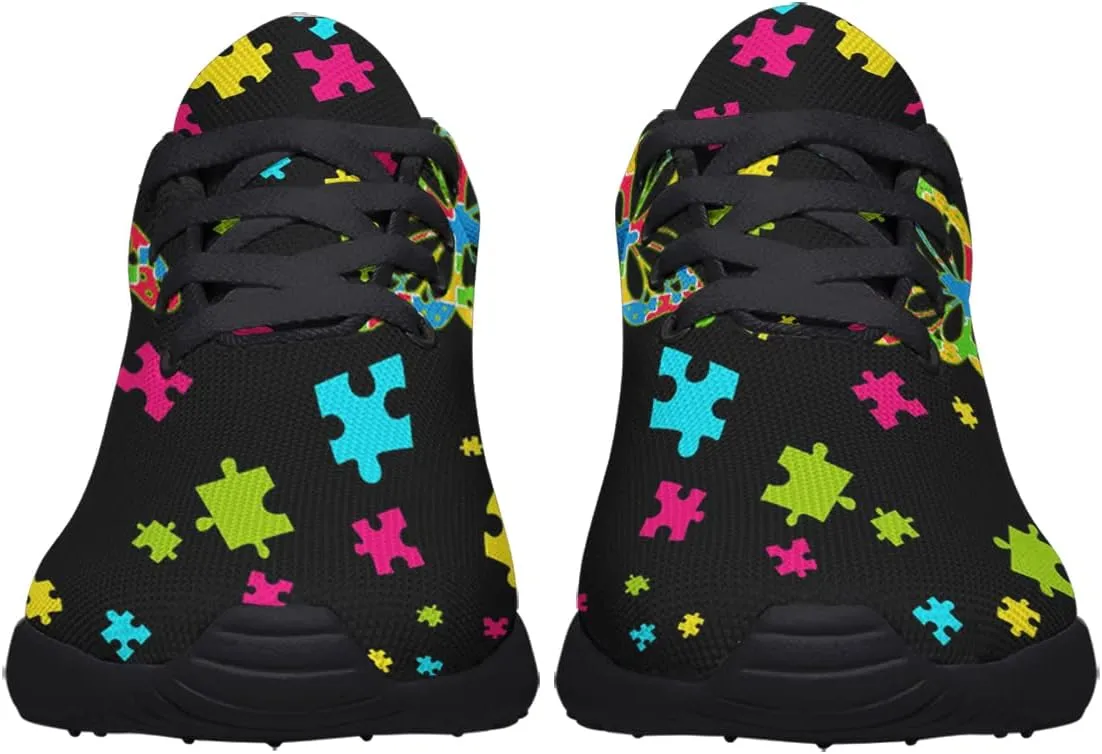 Sonzj-II Autism Shoes Women Men Lightweight Breathable Running Sneaker Autism Awareness Puzzle Pattern Tennis Walking Gym Shoes
