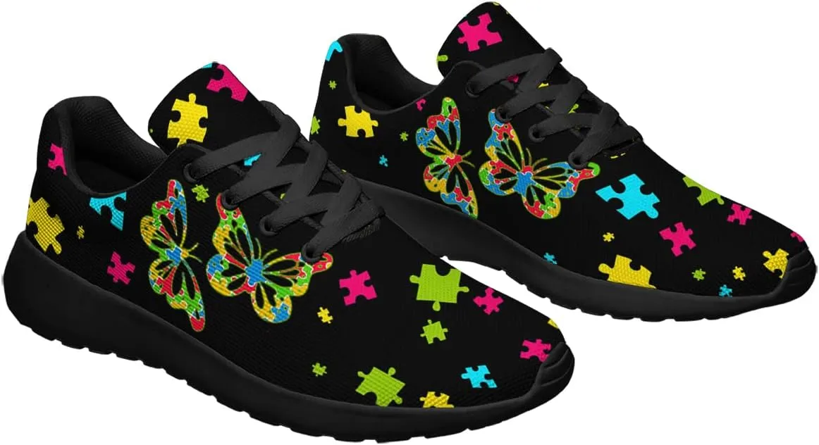 Sonzj-II Autism Shoes Women Men Lightweight Breathable Running Sneaker Autism Awareness Puzzle Pattern Tennis Walking Gym Shoes