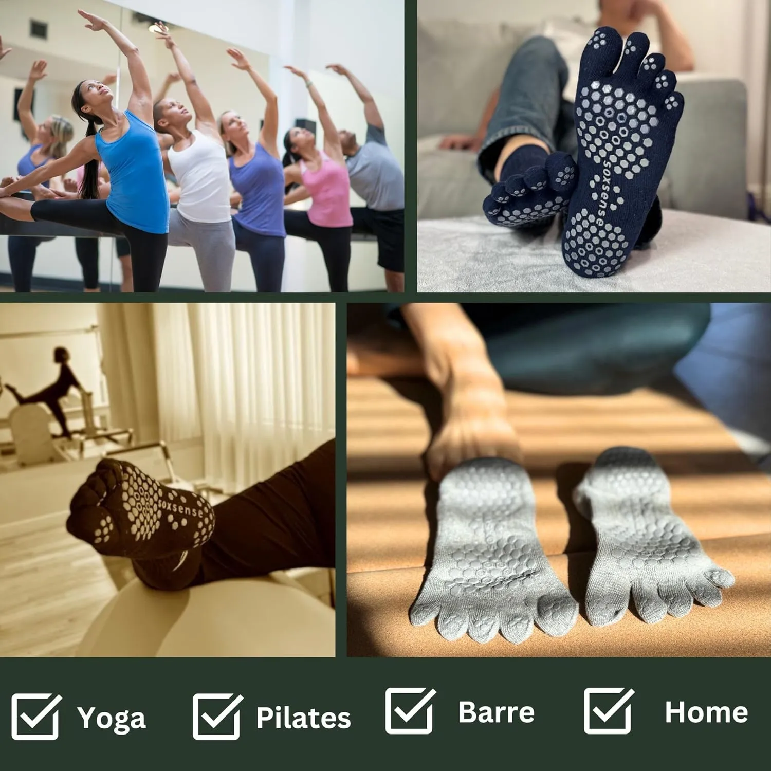 Soxsense Pilates Grip Toe Socks for Women & Men, Cushioned Low-Cut Five Finger Socks Non Slip for Yoga, Barre, Gym