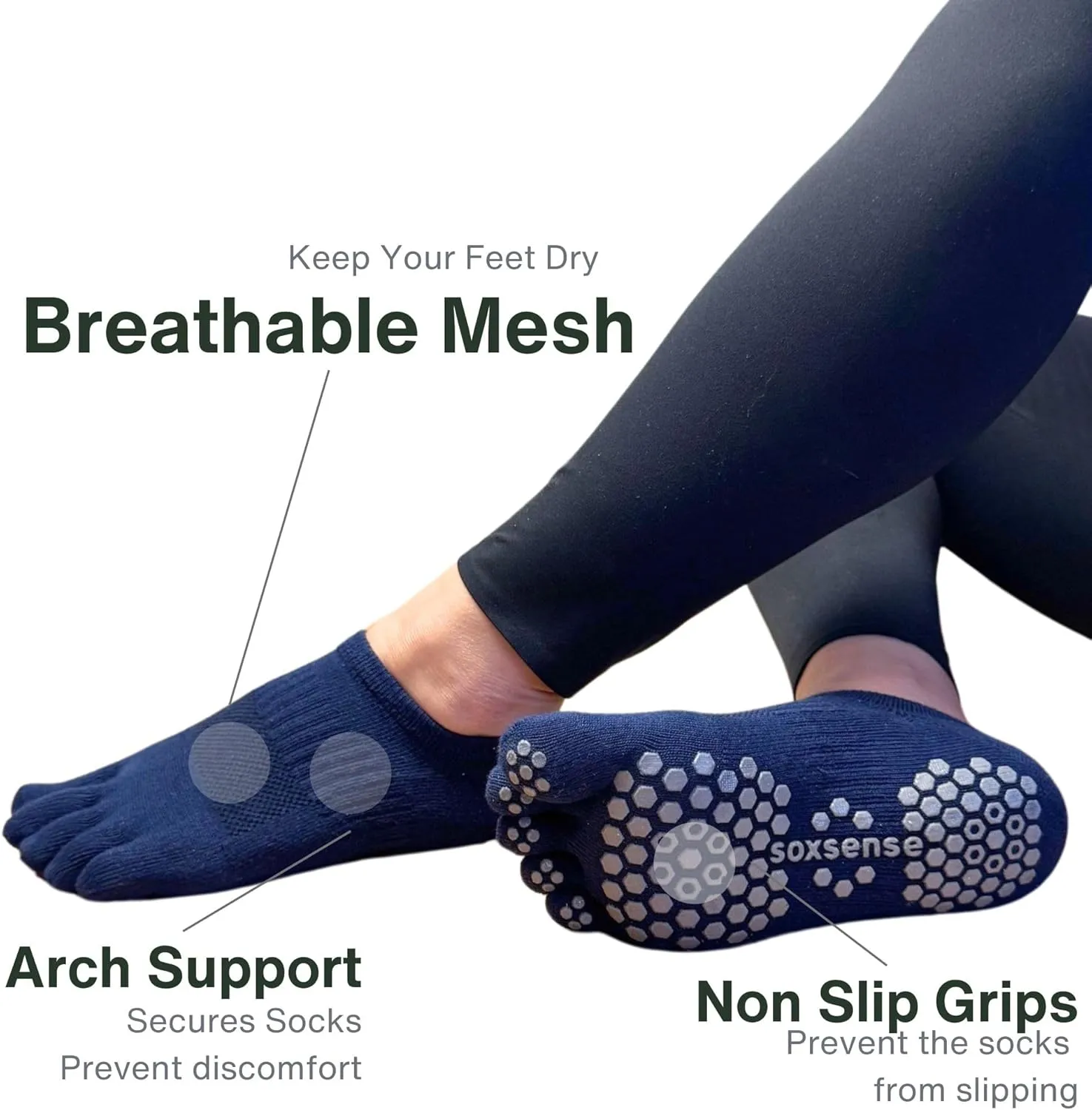 Soxsense Pilates Grip Toe Socks for Women & Men, Cushioned Low-Cut Five Finger Socks Non Slip for Yoga, Barre, Gym