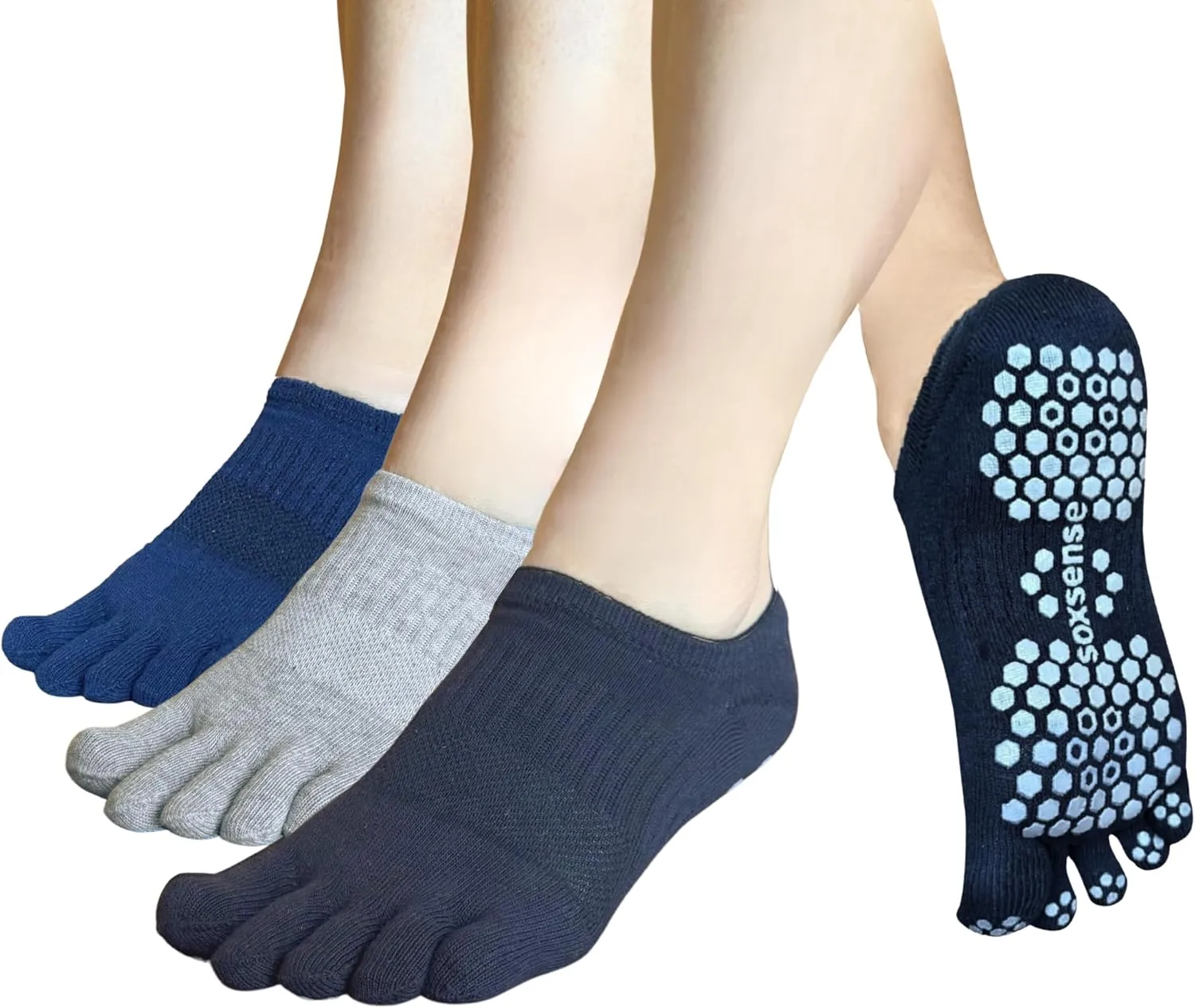Soxsense Pilates Grip Toe Socks for Women & Men, Cushioned Low-Cut Five Finger Socks Non Slip for Yoga, Barre, Gym