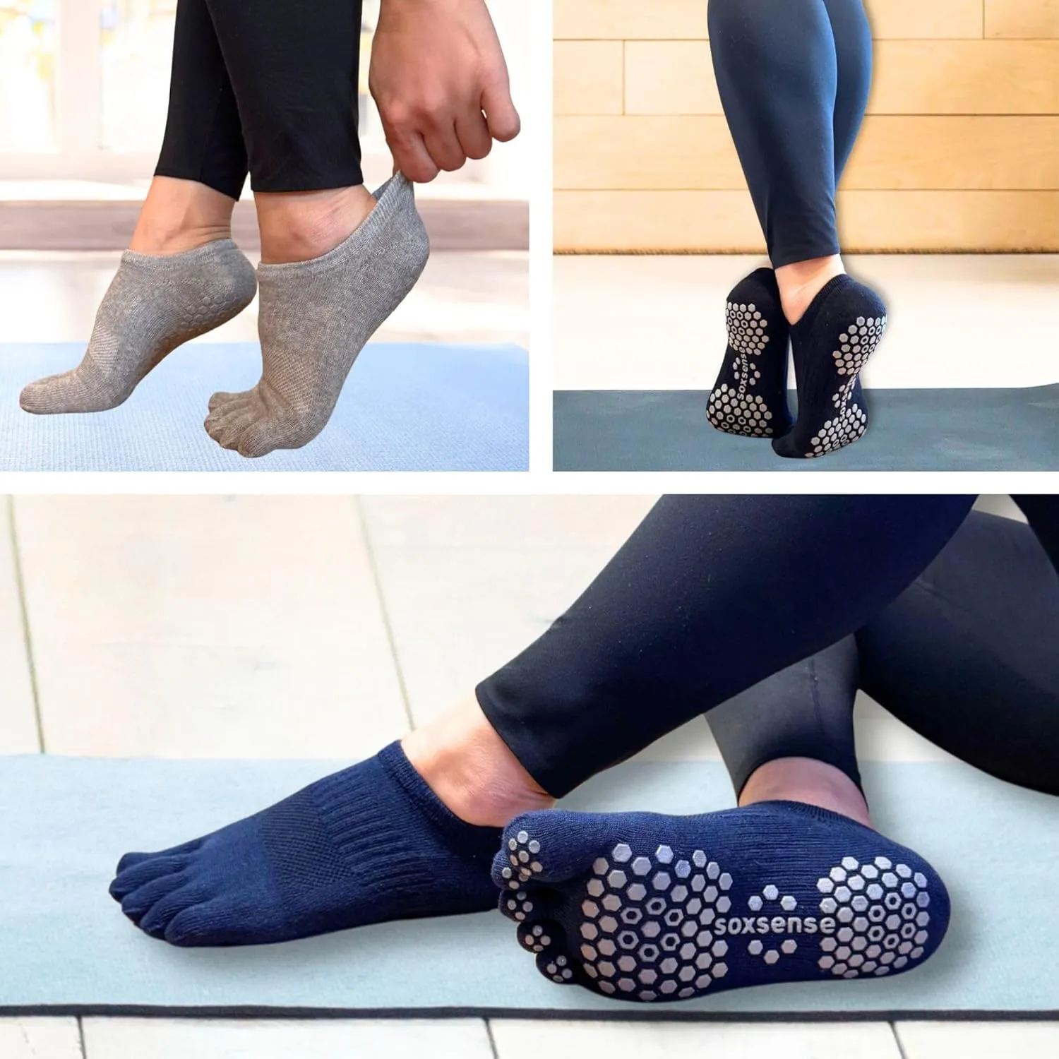 Soxsense Pilates Grip Toe Socks for Women & Men, Cushioned Low-Cut Five Finger Socks Non Slip for Yoga, Barre, Gym