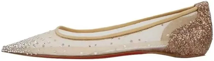 Spring Summer Autumn Breathable Mesh Gauze Rhine-Diamond Flat Shoes Pointed Sandals Soft Sole Transparent Glitter Hollow Single Shoes Women