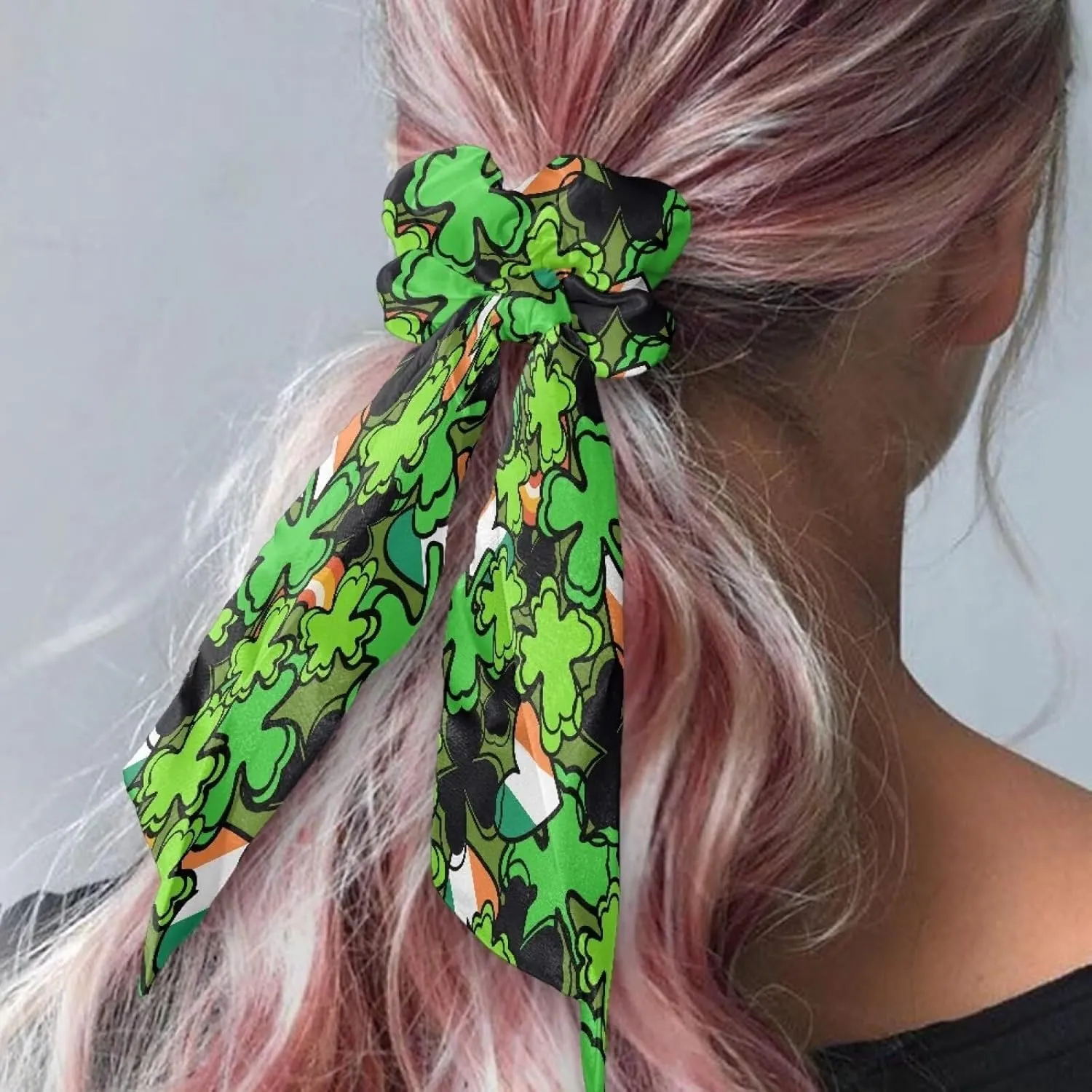 St. Patrick‘s Day Bow Hair Ties Trendy Hair Scrunchies for Women Elastic Hair Ribbon with Long Tails Set of 2 Four-Leaf Clover Silk Hair Ties for Travel Hair Scrunchies Scarf for Teens