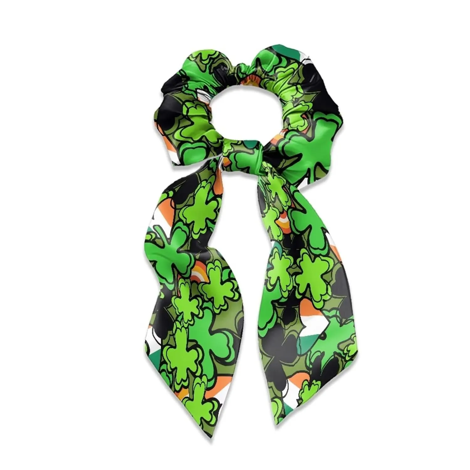 St. Patrick‘s Day Bow Hair Ties Trendy Hair Scrunchies for Women Elastic Hair Ribbon with Long Tails Set of 2 Four-Leaf Clover Silk Hair Ties for Travel Hair Scrunchies Scarf for Teens