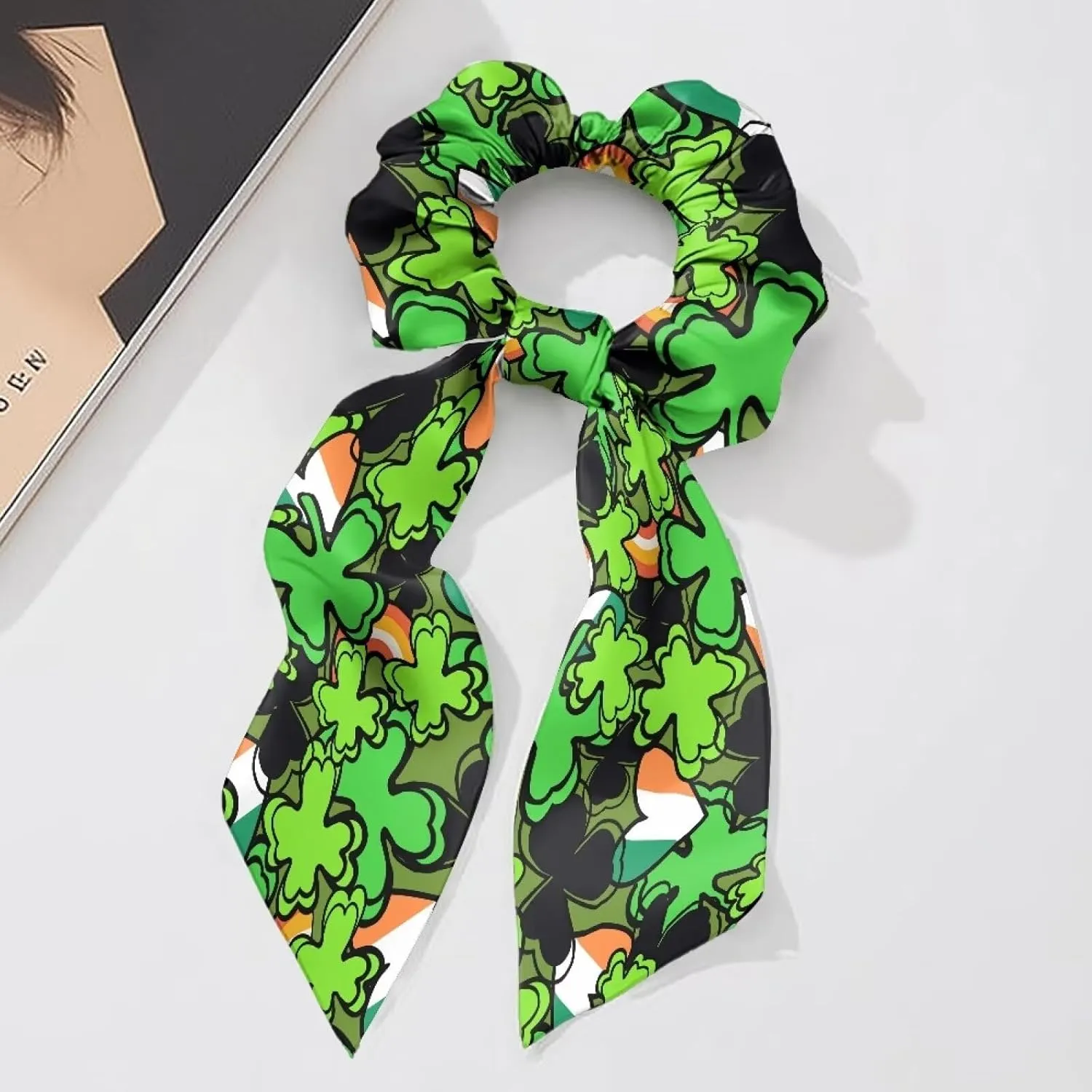 St. Patrick‘s Day Bow Hair Ties Trendy Hair Scrunchies for Women Elastic Hair Ribbon with Long Tails Set of 2 Four-Leaf Clover Silk Hair Ties for Travel Hair Scrunchies Scarf for Teens