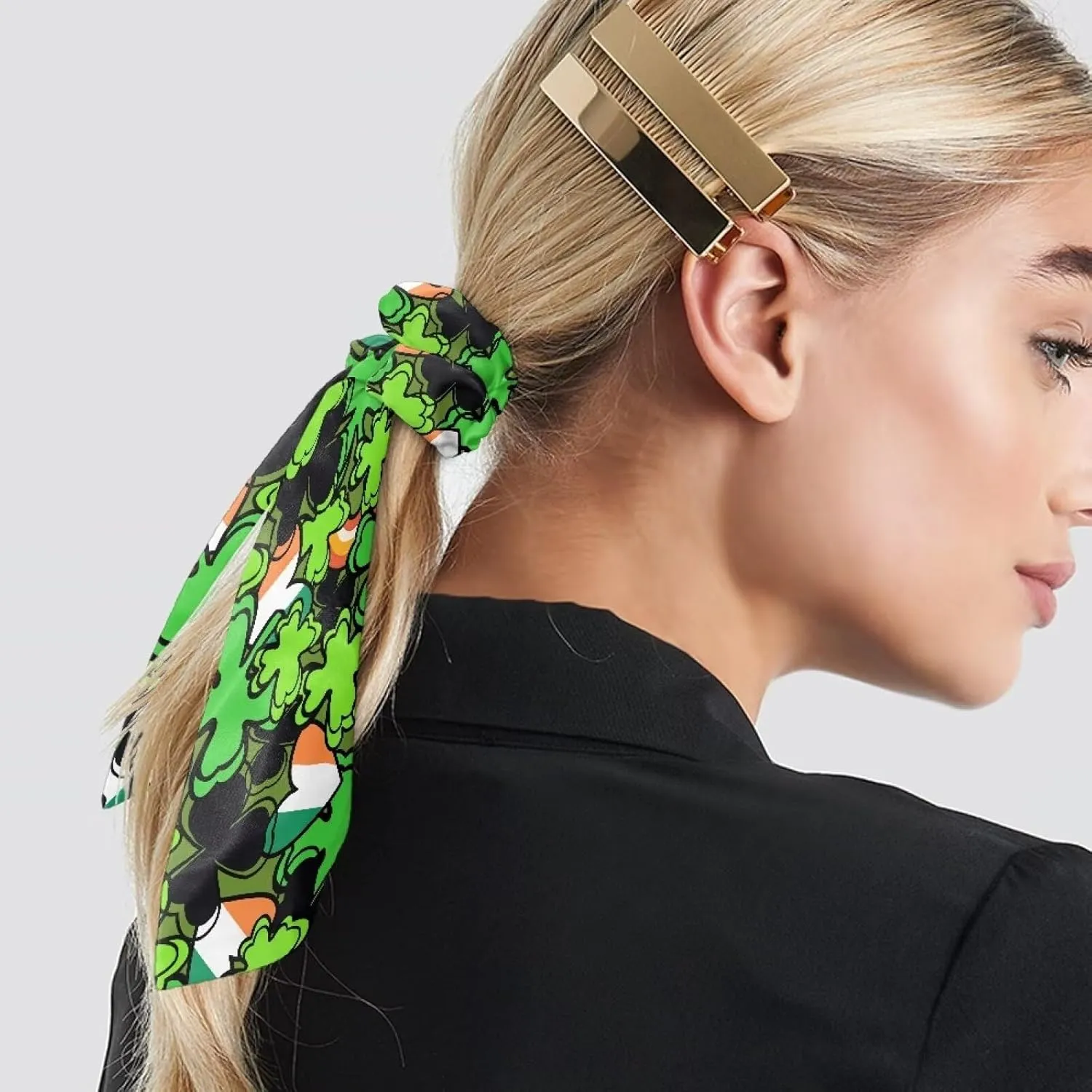 St. Patrick‘s Day Bow Hair Ties Trendy Hair Scrunchies for Women Elastic Hair Ribbon with Long Tails Set of 2 Four-Leaf Clover Silk Hair Ties for Travel Hair Scrunchies Scarf for Teens