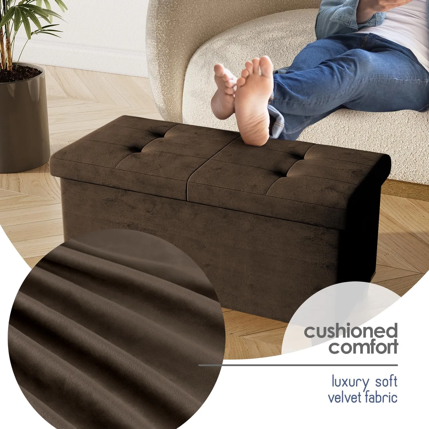 STORAGEBUD Storage Ottoman Bench with Bins, 30-in Storage Bench for Bedroom End of Bed, Folding Foot Rest Ottoman for Living Room Max 660lbs, Velvet Ottomans, Brown