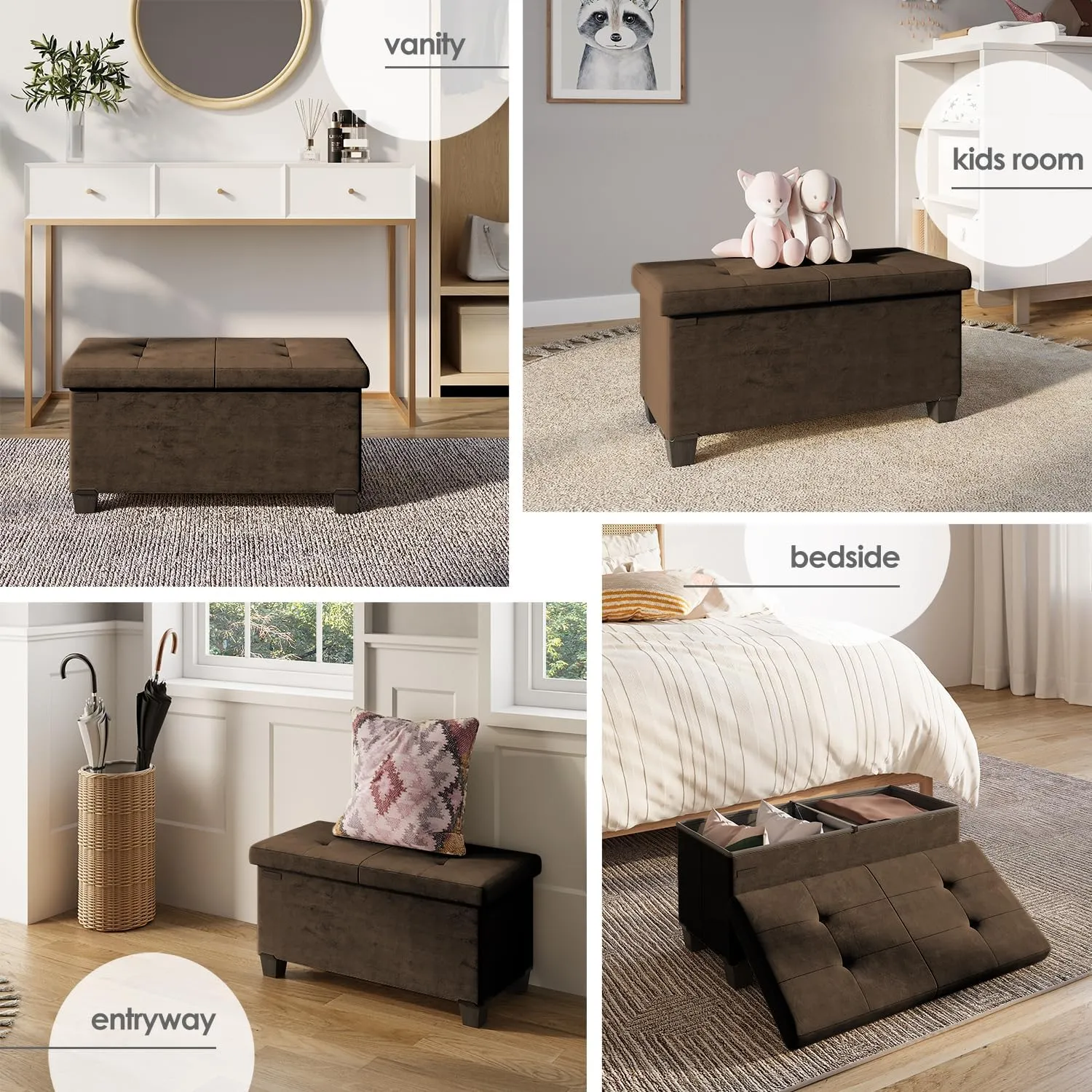 STORAGEBUD Storage Ottoman Bench with Bins, 30-in Storage Bench for Bedroom End of Bed, Folding Foot Rest Ottoman for Living Room Max 660lbs, Velvet Ottomans, Brown