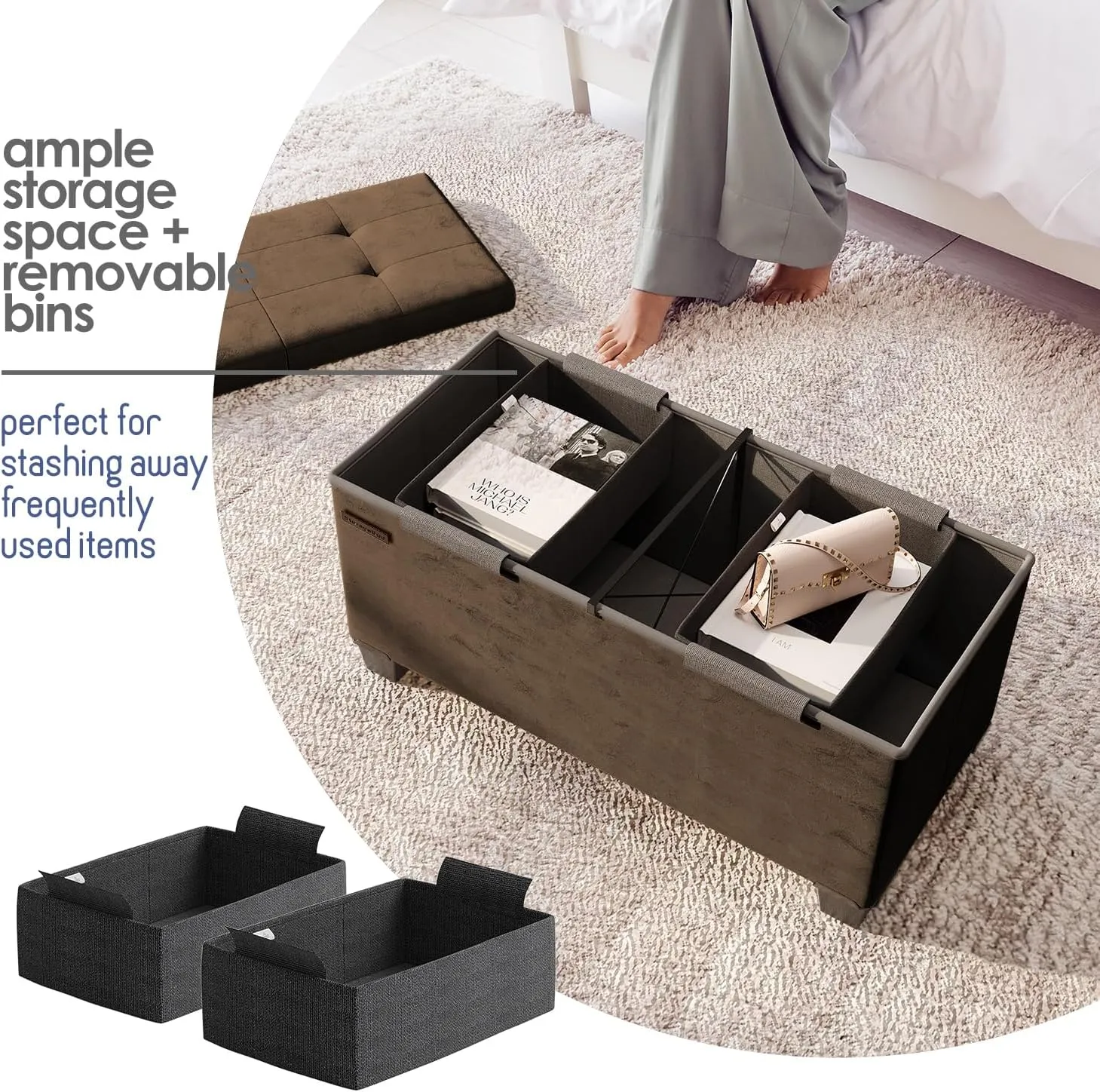 STORAGEBUD Storage Ottoman Bench with Bins, 30-in Storage Bench for Bedroom End of Bed, Folding Foot Rest Ottoman for Living Room Max 660lbs, Velvet Ottomans, Brown