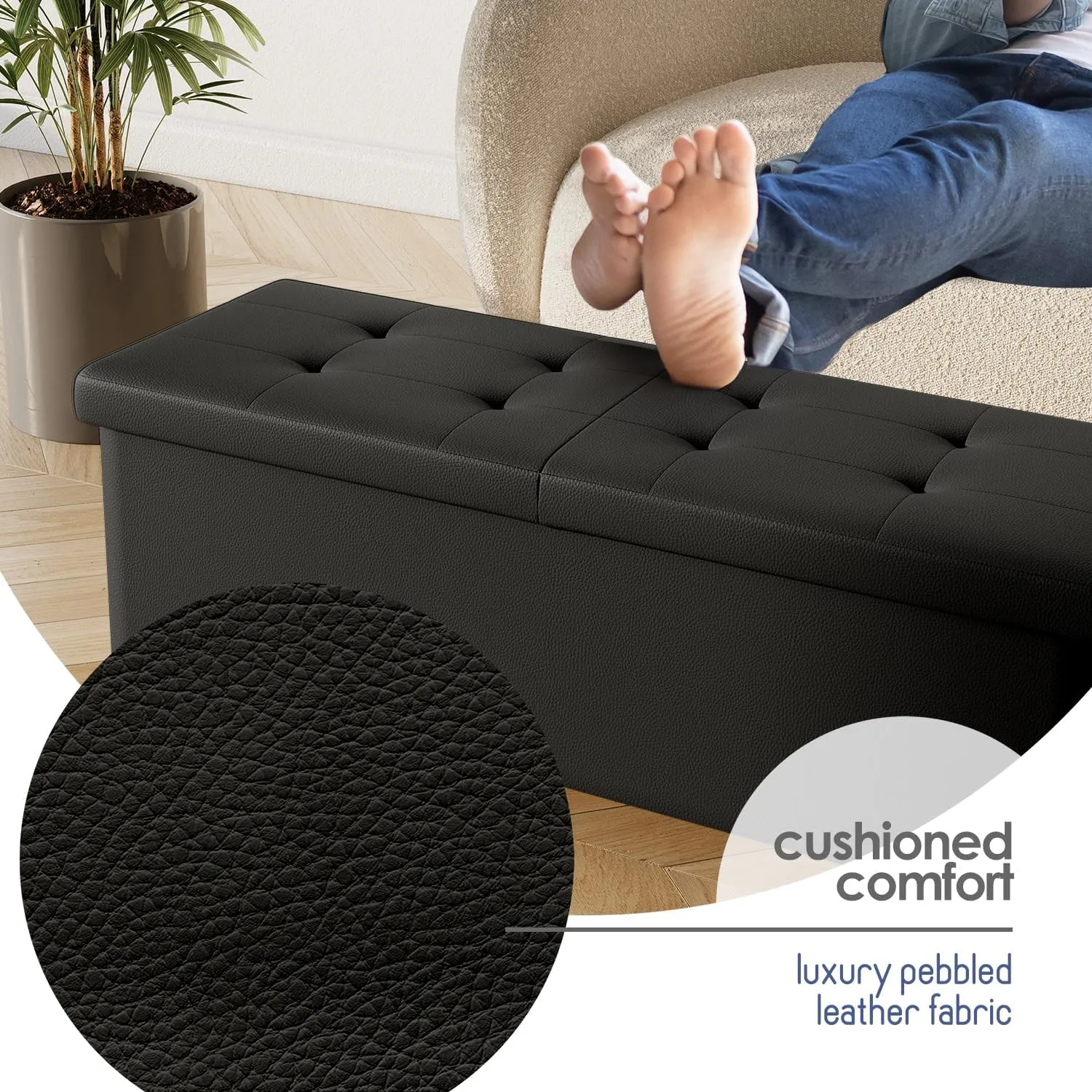 STORAGEBUD Storage Ottoman Bench with Bins, 43-in Storage Bench for Bedroom End of Bed, Folding Foot Rest Ottoman for Living Room Max 660lbs, Faux Leather Ottomans, Black