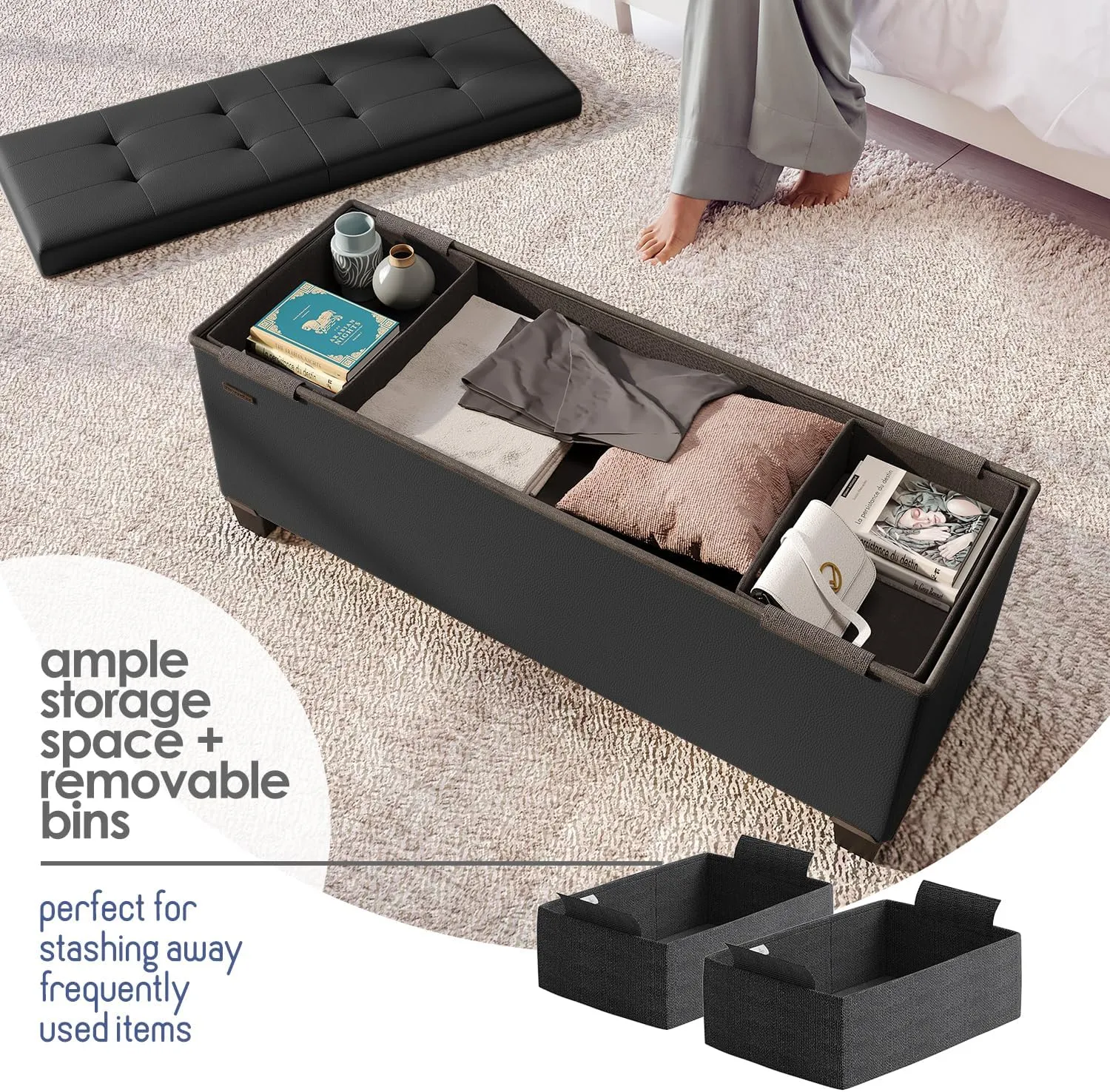 STORAGEBUD Storage Ottoman Bench with Bins, 43-in Storage Bench for Bedroom End of Bed, Folding Foot Rest Ottoman for Living Room Max 660lbs, Faux Leather Ottomans, Black