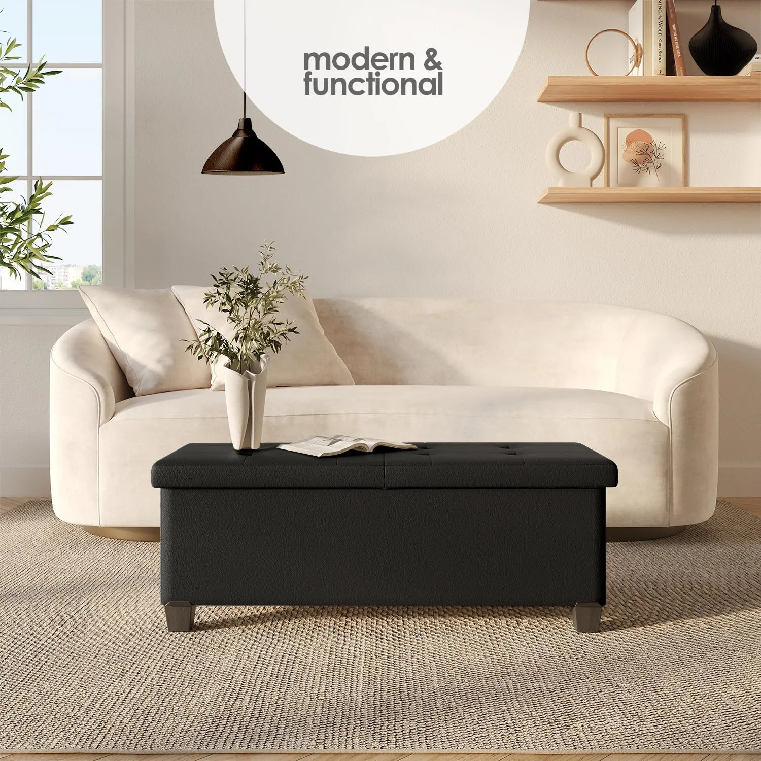 STORAGEBUD Storage Ottoman Bench with Bins, 43-in Storage Bench for Bedroom End of Bed, Folding Foot Rest Ottoman for Living Room Max 660lbs, Faux Leather Ottomans, Black