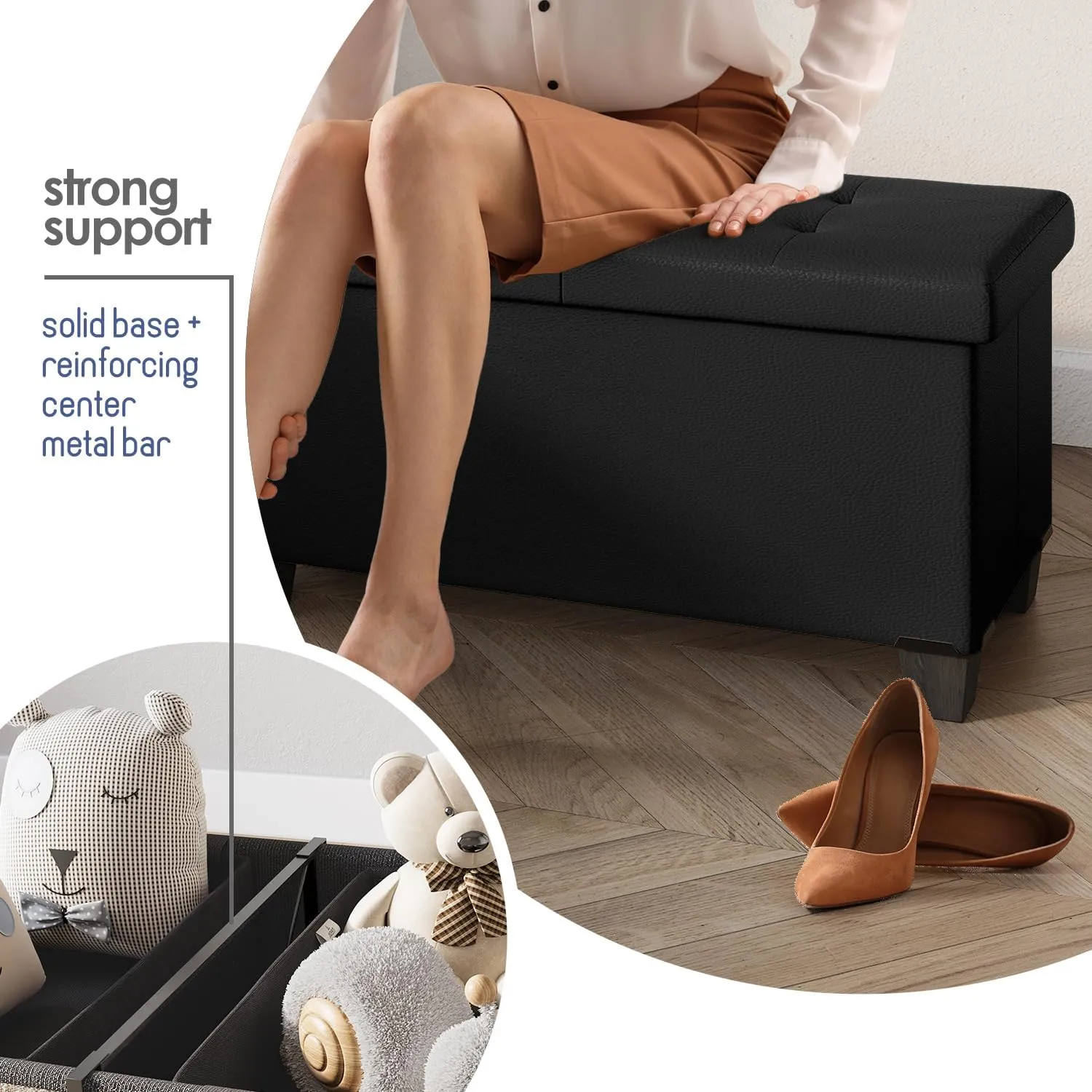 STORAGEBUD Storage Ottoman Bench with Bins, 43-in Storage Bench for Bedroom End of Bed, Folding Foot Rest Ottoman for Living Room Max 660lbs, Faux Leather Ottomans, Black