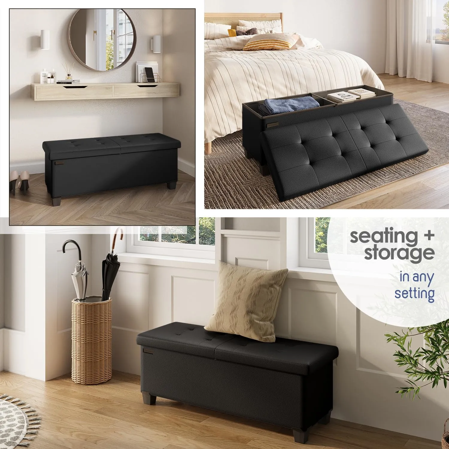 STORAGEBUD Storage Ottoman Bench with Bins, 43-in Storage Bench for Bedroom End of Bed, Folding Foot Rest Ottoman for Living Room Max 660lbs, Faux Leather Ottomans, Black