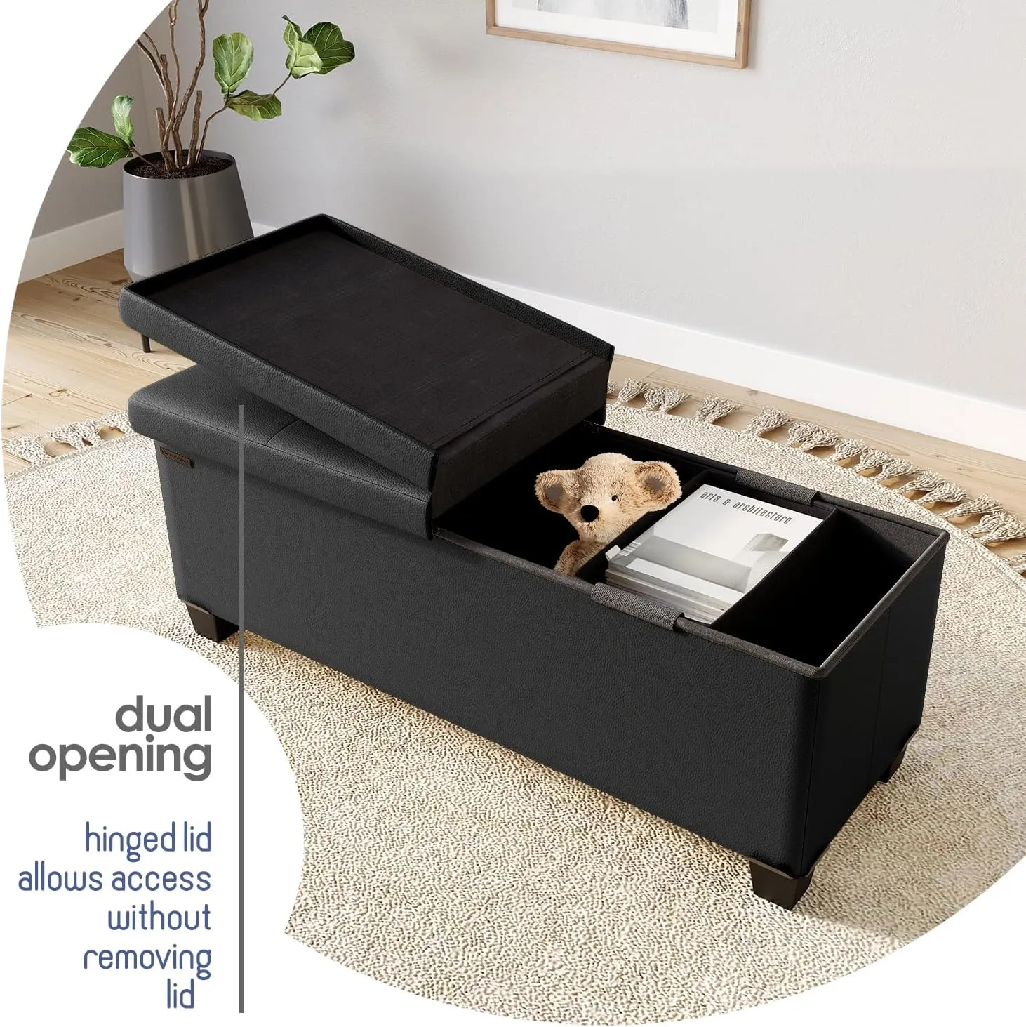 STORAGEBUD Storage Ottoman Bench with Bins, 43-in Storage Bench for Bedroom End of Bed, Folding Foot Rest Ottoman for Living Room Max 660lbs, Faux Leather Ottomans, Black