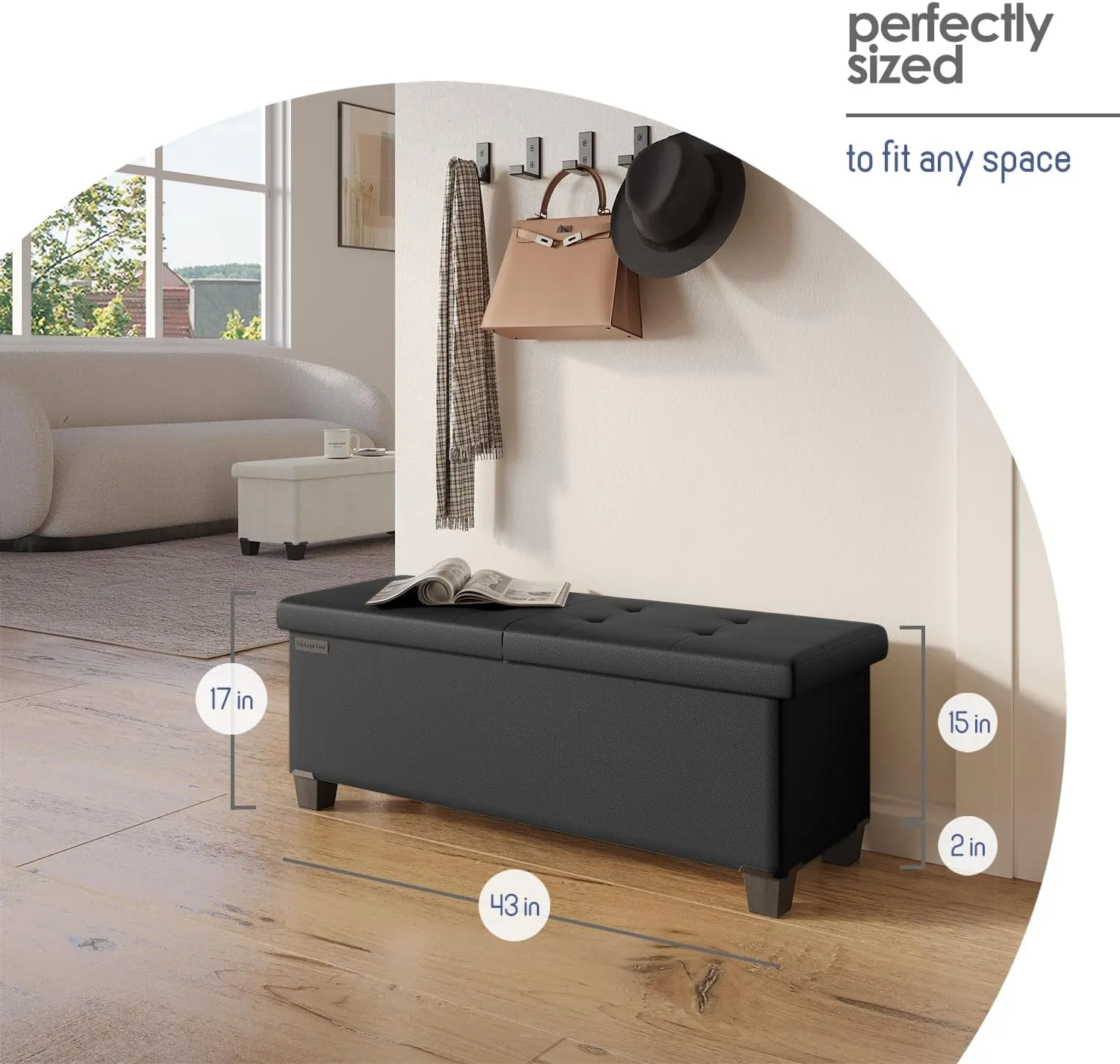 STORAGEBUD Storage Ottoman Bench with Bins, 43-in Storage Bench for Bedroom End of Bed, Folding Foot Rest Ottoman for Living Room Max 660lbs, Faux Leather Ottomans, Black