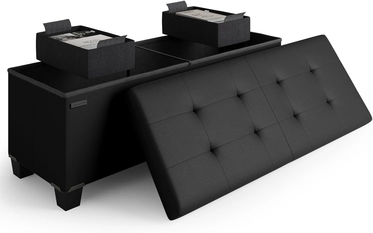 STORAGEBUD Storage Ottoman Bench with Bins, 43-in Storage Bench for Bedroom End of Bed, Folding Foot Rest Ottoman for Living Room Max 660lbs, Faux Leather Ottomans, Black