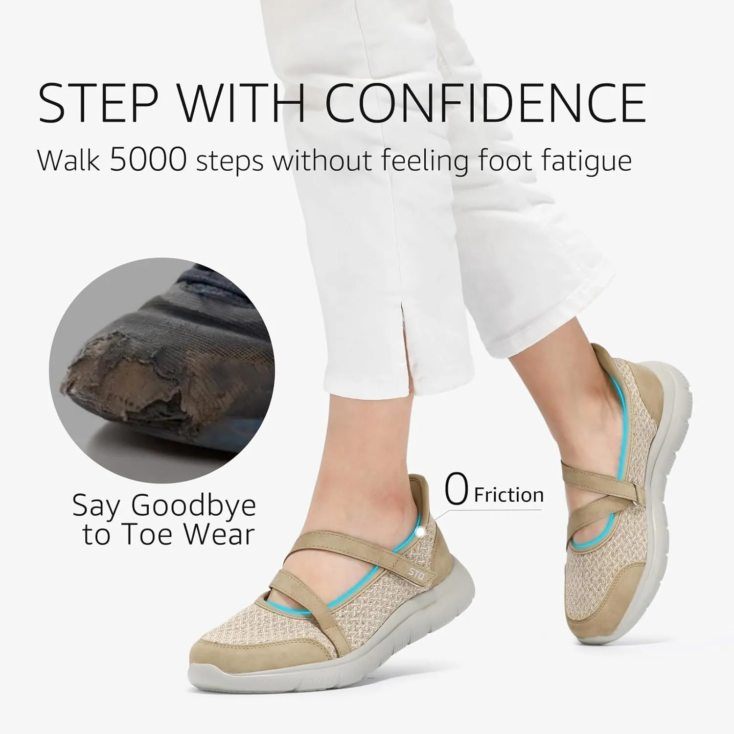 STQ Wide Toe Box Sneakers Womens Adjustable Mary Jane Walking Shoes