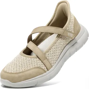 STQ Wide Toe Box Sneakers Womens Adjustable Mary Jane Walking Shoes