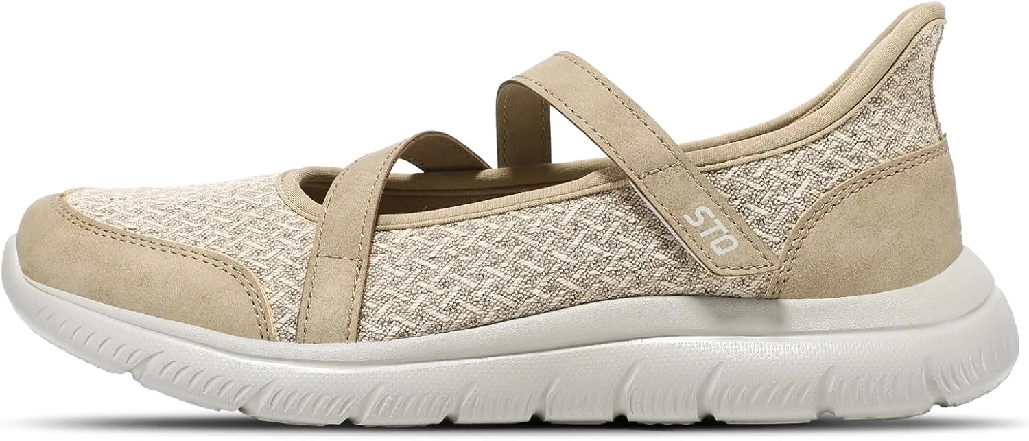 STQ Wide Toe Box Sneakers Womens Adjustable Mary Jane Walking Shoes