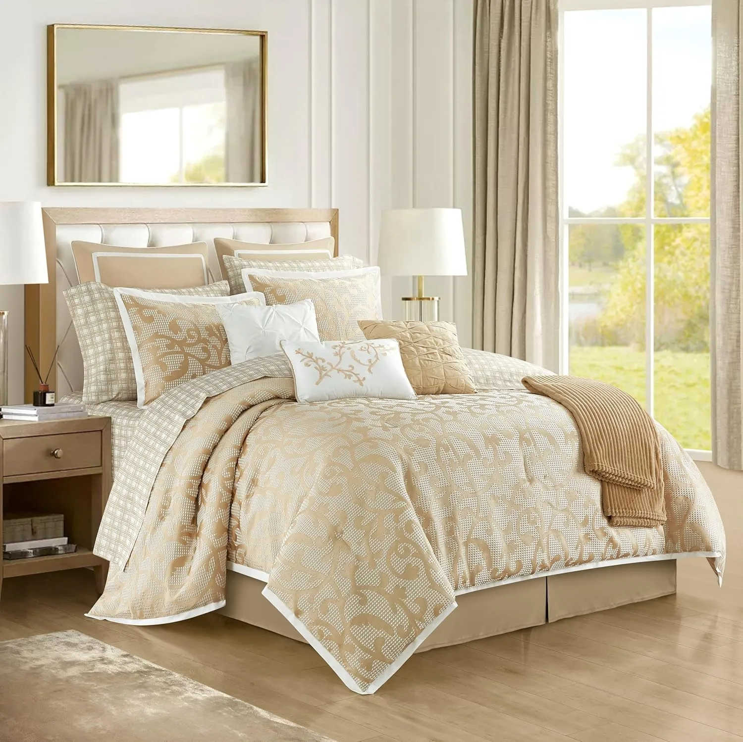 Stratford Park Taupe Paisley Cal King Comforter Set, 14 Piece, Jacquard All Season Premium Bedding Set,1 Flat Sheet,1 Fitted Sheet, Pillow Shams Bedskirt