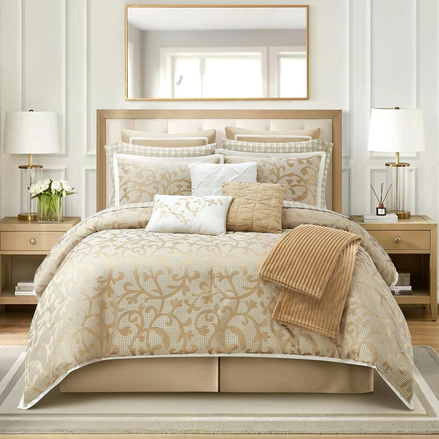 Stratford Park Taupe Paisley Cal King Comforter Set, 14 Piece, Jacquard All Season Premium Bedding Set,1 Flat Sheet,1 Fitted Sheet, Pillow Shams Bedskirt