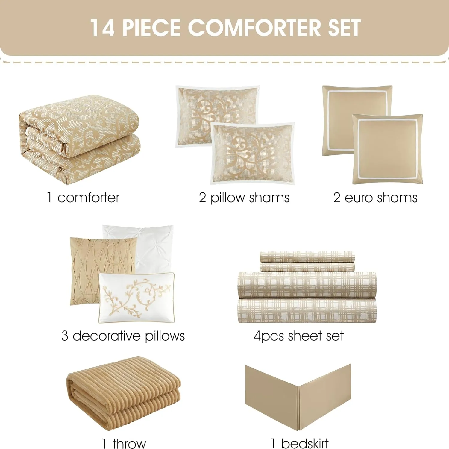 Stratford Park Taupe Paisley Cal King Comforter Set, 14 Piece, Jacquard All Season Premium Bedding Set,1 Flat Sheet,1 Fitted Sheet, Pillow Shams Bedskirt