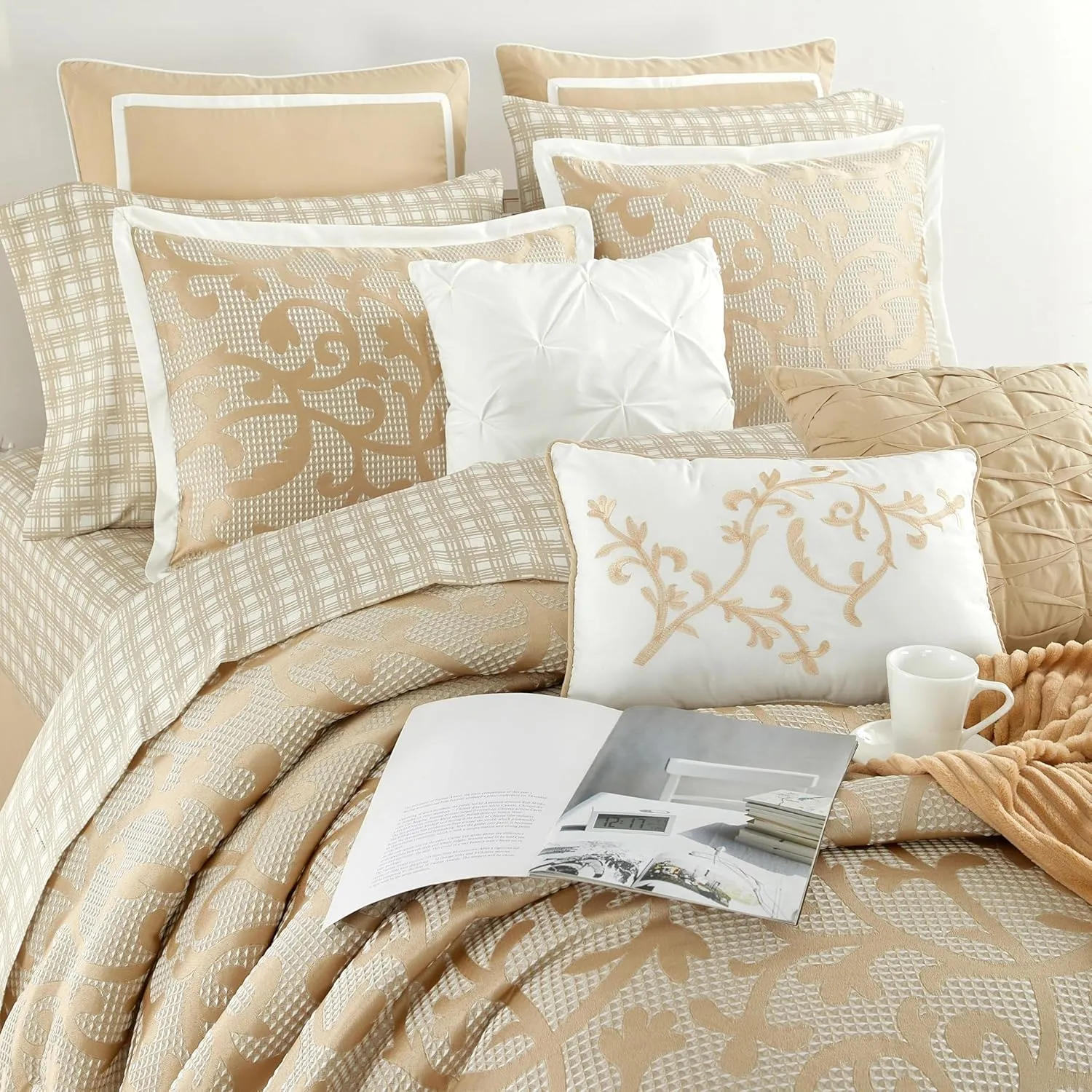 Stratford Park Taupe Paisley Cal King Comforter Set, 14 Piece, Jacquard All Season Premium Bedding Set,1 Flat Sheet,1 Fitted Sheet, Pillow Shams Bedskirt