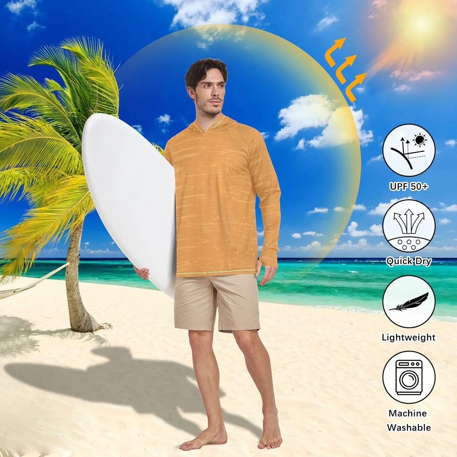 Sun Protection Hoodies Long Sleeve Orange UPF 50   Mens Sun Shirts Sunproof Shirts Rash Guard Shirts for Men