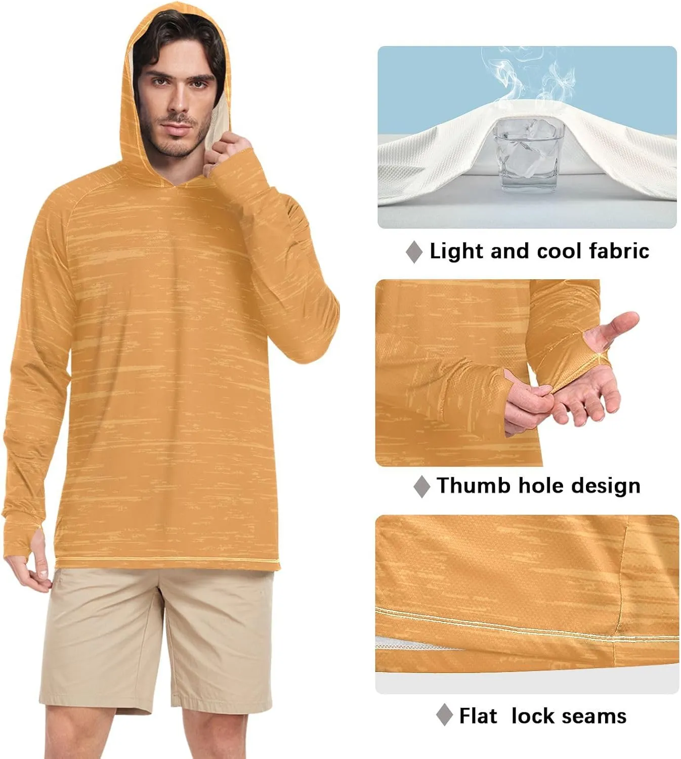 Sun Protection Hoodies Long Sleeve Orange UPF 50   Mens Sun Shirts Sunproof Shirts Rash Guard Shirts for Men
