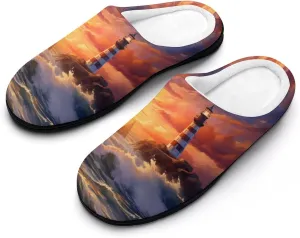 Sunset Lighthouse Seaside Scene Women's House Slippers Warm Anti-Slip Cotton Slippers Home Shoes Indoor Outdoor