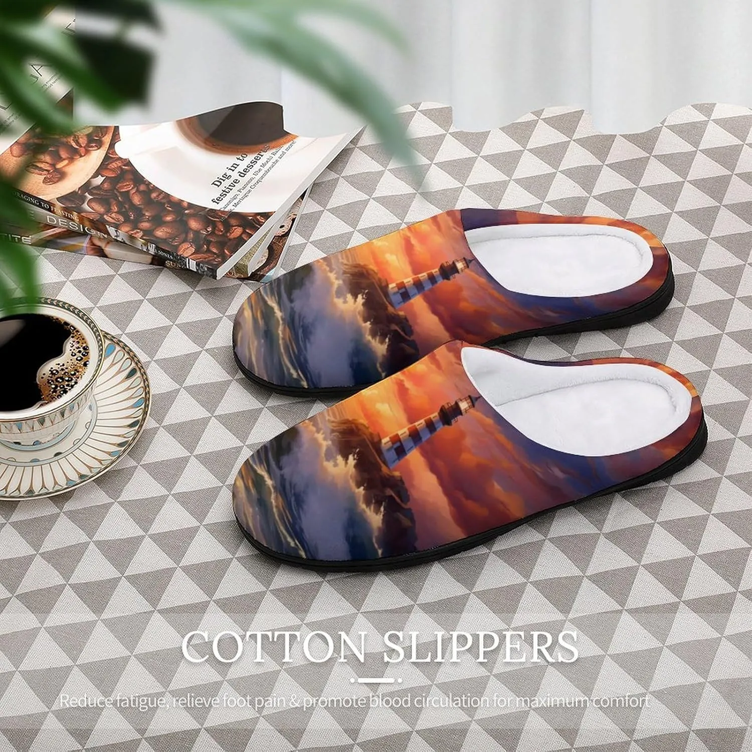 Sunset Lighthouse Seaside Scene Women's House Slippers Warm Anti-Slip Cotton Slippers Home Shoes Indoor Outdoor