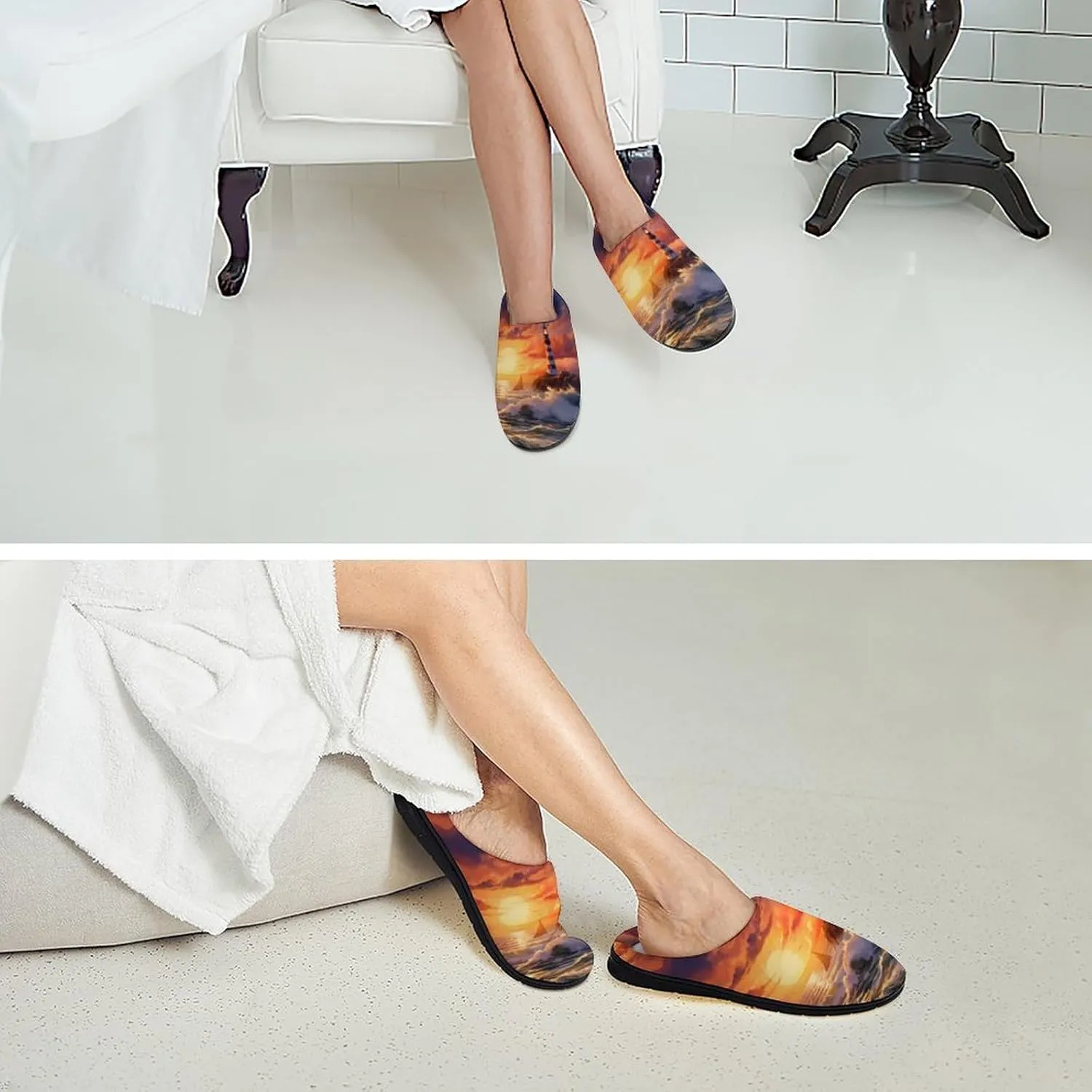 Sunset Lighthouse Seaside Scene Women's House Slippers Warm Anti-Slip Cotton Slippers Home Shoes Indoor Outdoor