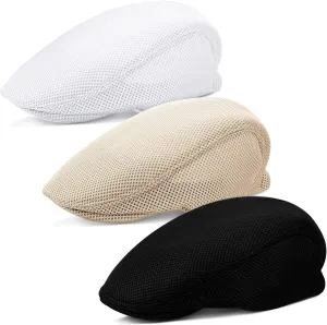 Syhood 3 Pieces Mens Mesh Flat Cap Breathable Summer Newsboy Hat Cabbie Flat Cap