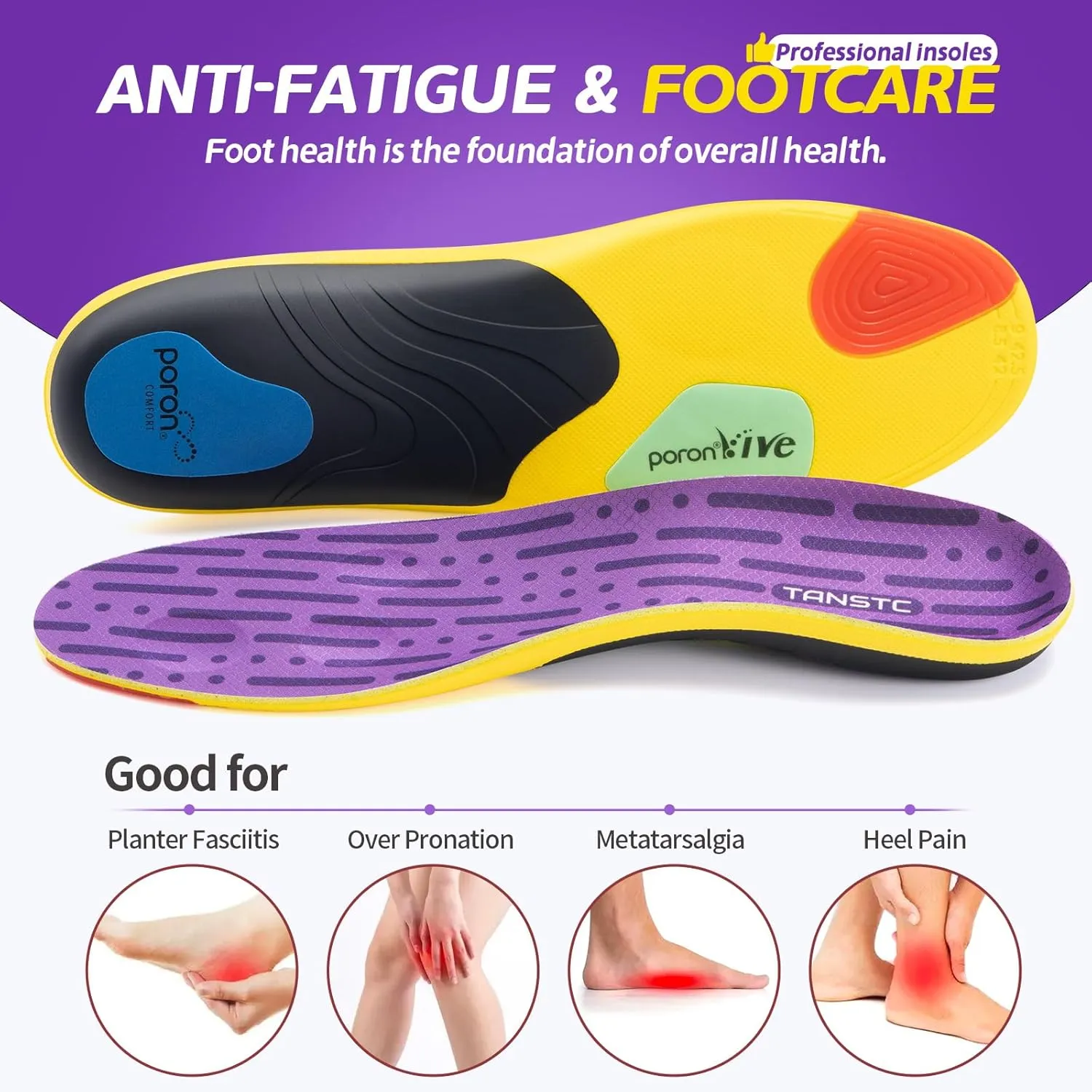 TANSTC Insoles for Women Plantar Fasciitis Insoles Arch Support Shoe Insoles Men Orthotics Flat Feet Pain Relief Professional Sport Insoles Shock Absorption Work Boot Shoe Insoles,S