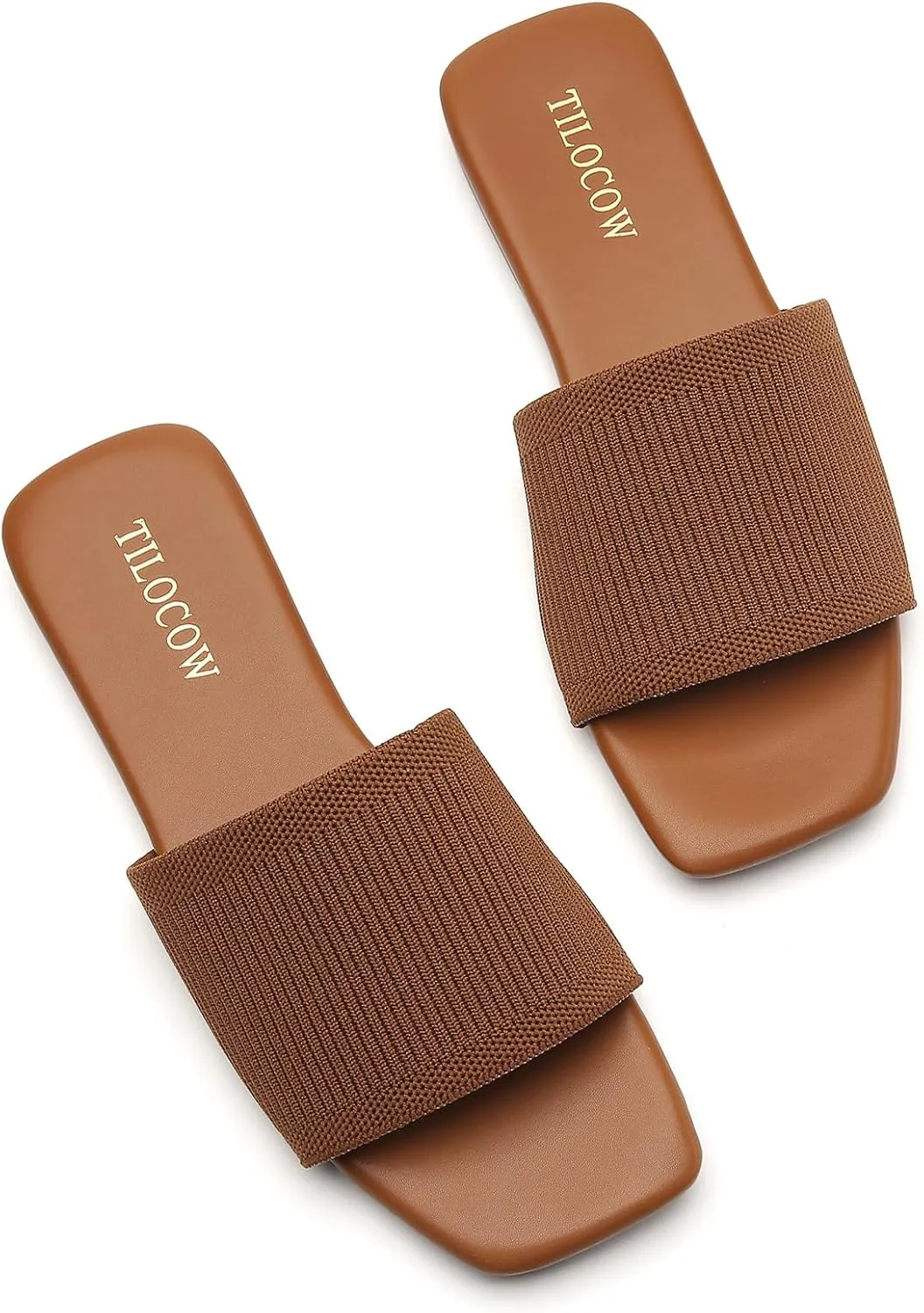 Tilocow Knitted Flat Sandals For women Square Open Toe Slide Sandals Casual Summer Shoes