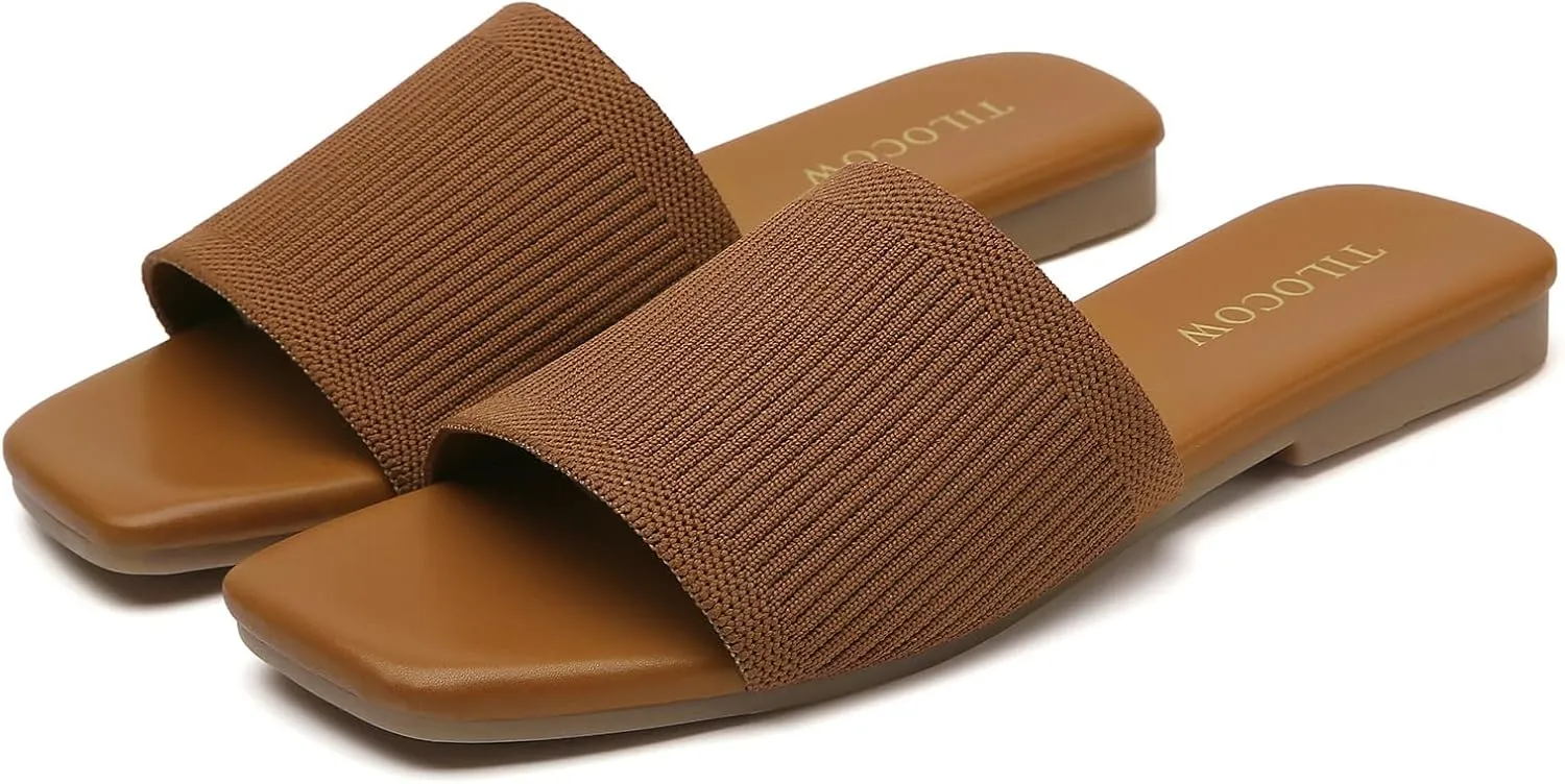 Tilocow Knitted Flat Sandals For women Square Open Toe Slide Sandals Casual Summer Shoes