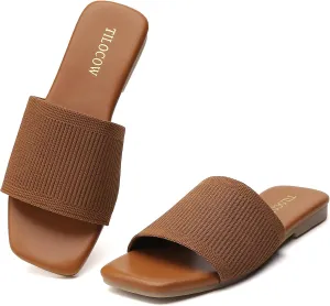 Tilocow Knitted Flat Sandals For women Square Open Toe Slide Sandals Casual Summer Shoes