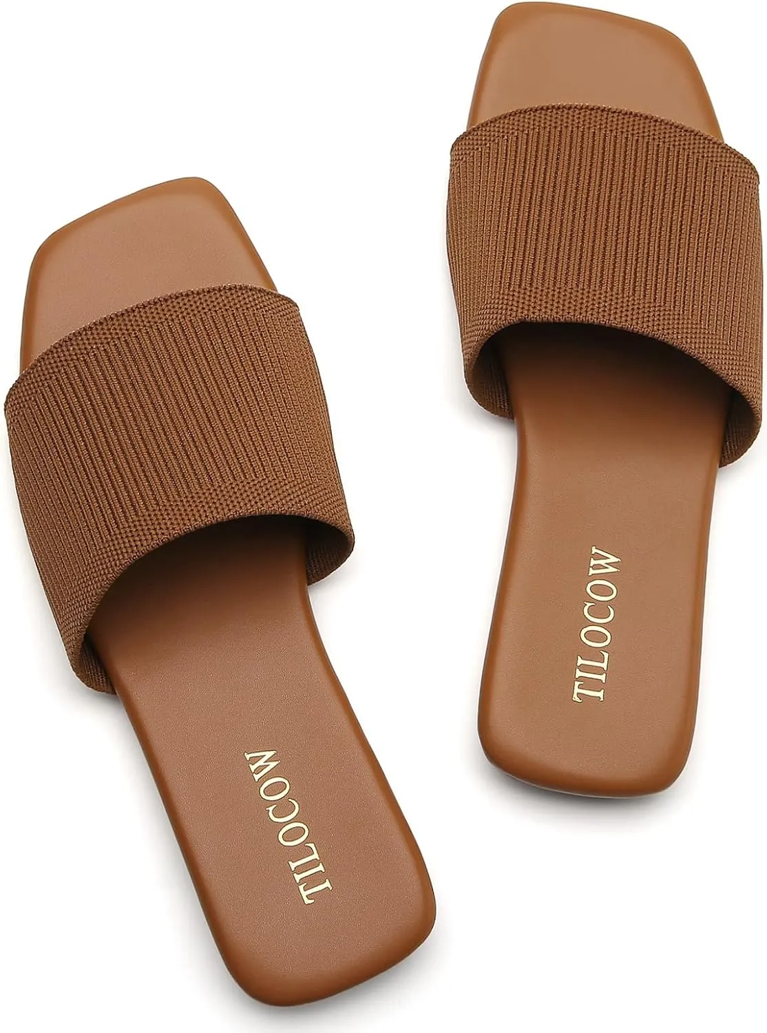Tilocow Knitted Flat Sandals For women Square Open Toe Slide Sandals Casual Summer Shoes