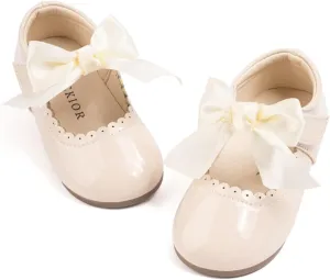 Toddler Girls Mary Jane Dress Shoes - Ballerina Flats for Little Girl Flower Wedding Party Bow Princess Shoes