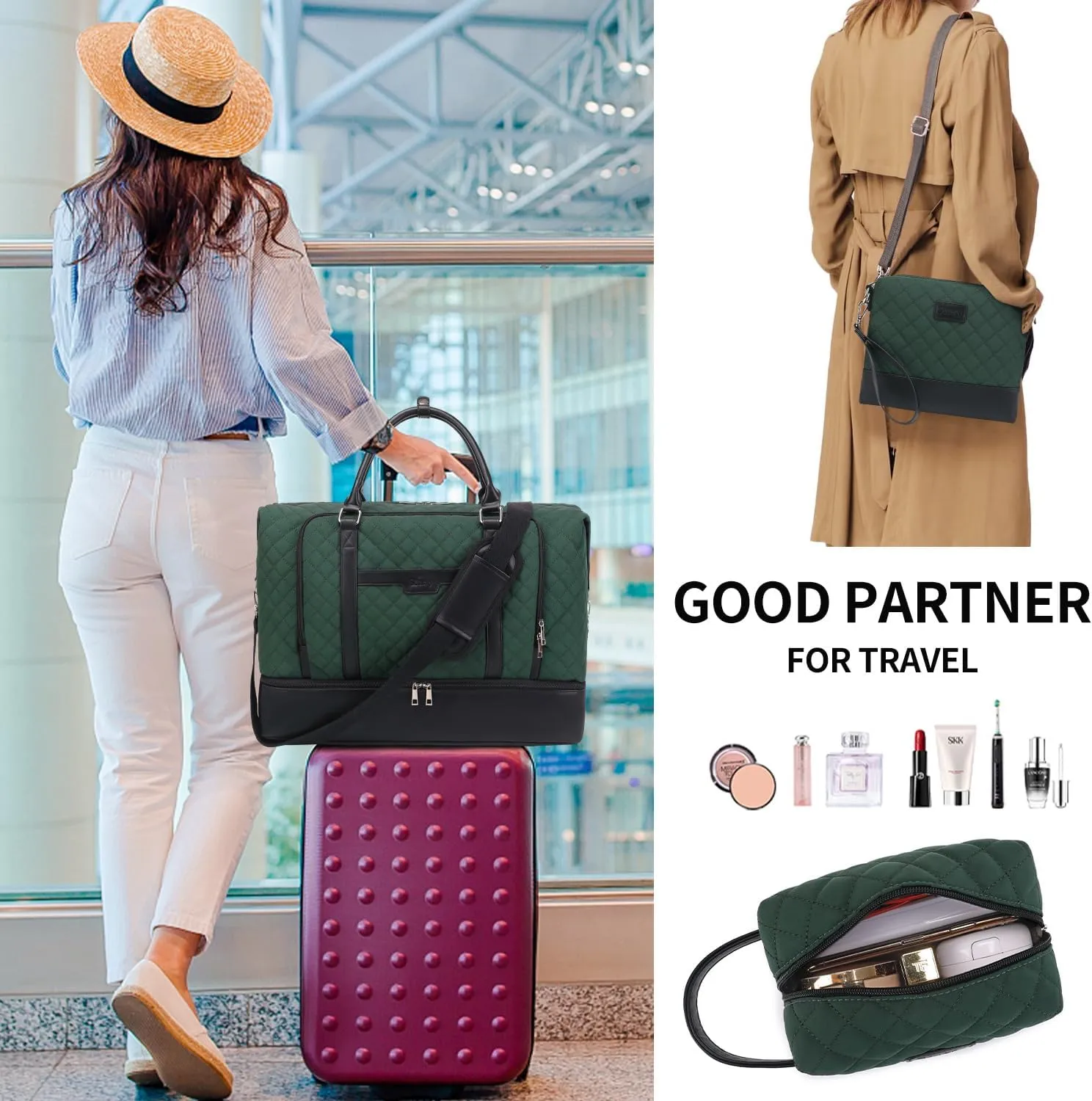 Travel Bag for Women: 21" Large Weekender Bags for Women with Shoe Compartment & Toiletry Bags, 3PCS Overnight Duffel Tote for Carry on Weekend Travel Business Trip Airplane Traveling, Gym