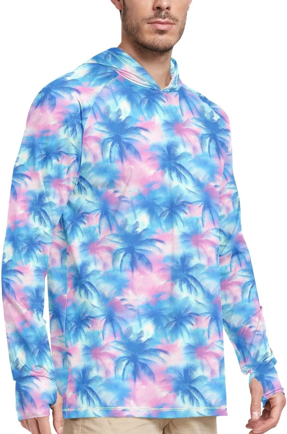 Tropical Watercolour Blue Mens Hoodie Sun Protection Long Sleeve Sun Shirt with Hood UPF 50  Swim Shirt Men Rash Guards