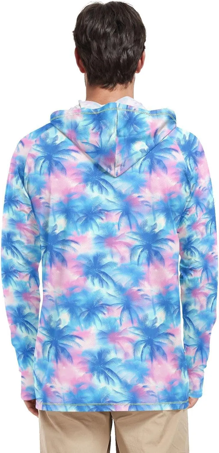 Tropical Watercolour Blue Mens Hoodie Sun Protection Long Sleeve Sun Shirt with Hood UPF 50  Swim Shirt Men Rash Guards