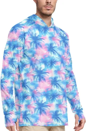 Tropical Watercolour Blue Mens Hoodie Sun Protection Long Sleeve Sun Shirt with Hood UPF 50  Swim Shirt Men Rash Guards