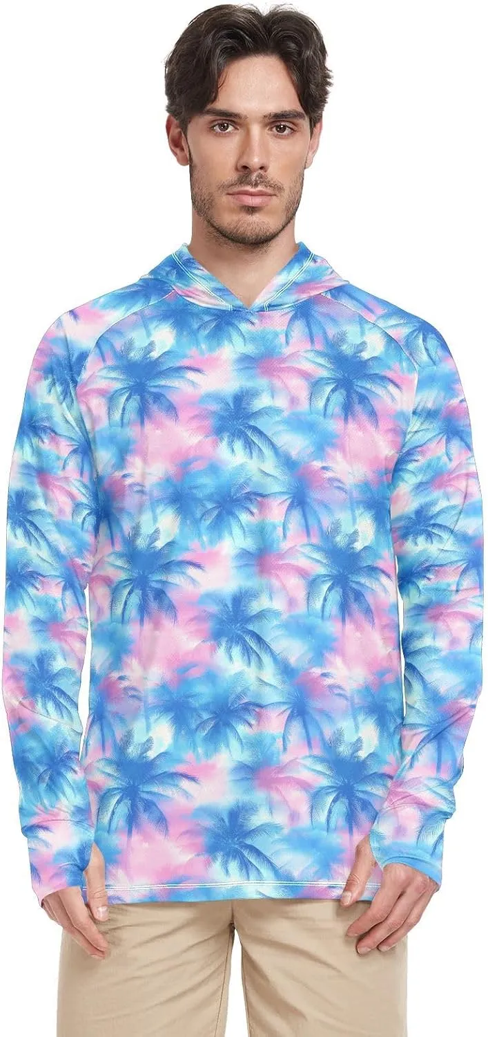 Tropical Watercolour Blue Mens Hoodie Sun Protection Long Sleeve Sun Shirt with Hood UPF 50  Swim Shirt Men Rash Guards