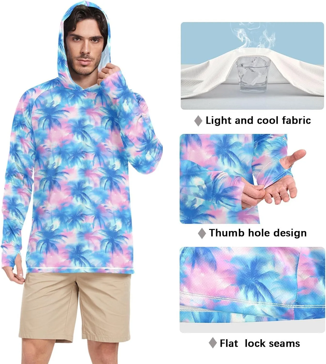 Tropical Watercolour Blue Mens Hoodie Sun Protection Long Sleeve Sun Shirt with Hood UPF 50  Swim Shirt Men Rash Guards