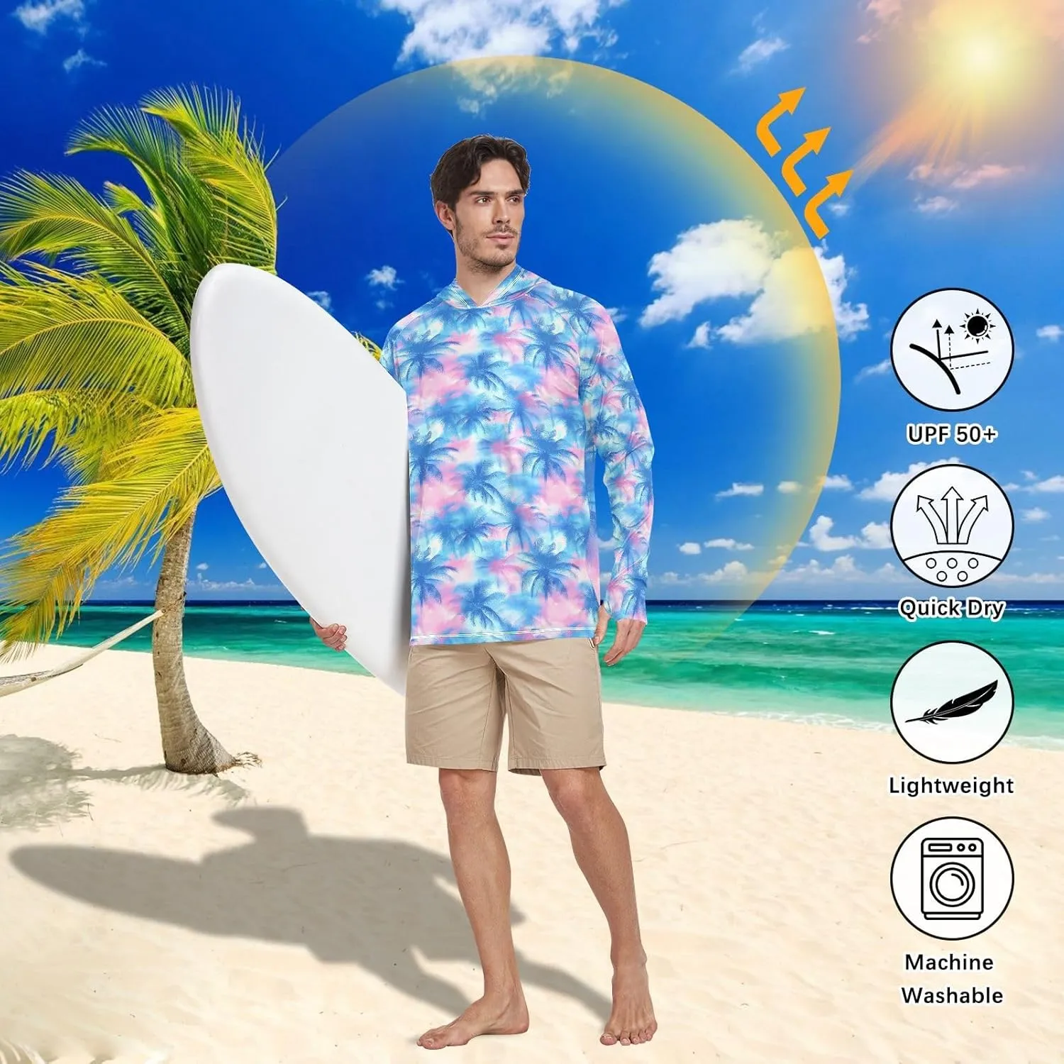 Tropical Watercolour Blue Mens Hoodie Sun Protection Long Sleeve Sun Shirt with Hood UPF 50  Swim Shirt Men Rash Guards