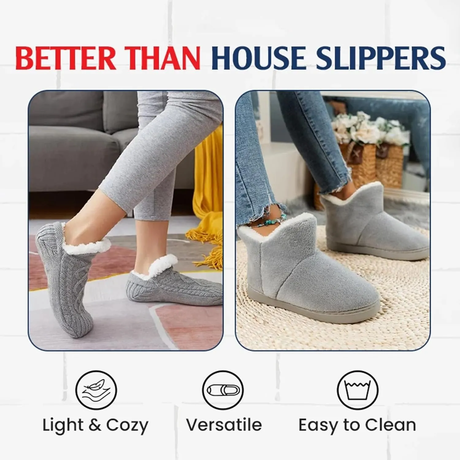 Truecups Fleece Socks, Fleecesox - Fleece-Lined Non-slip Thermal Slippers Socks, V-Mouth Fuzzy Socks with Grippers for Women Men