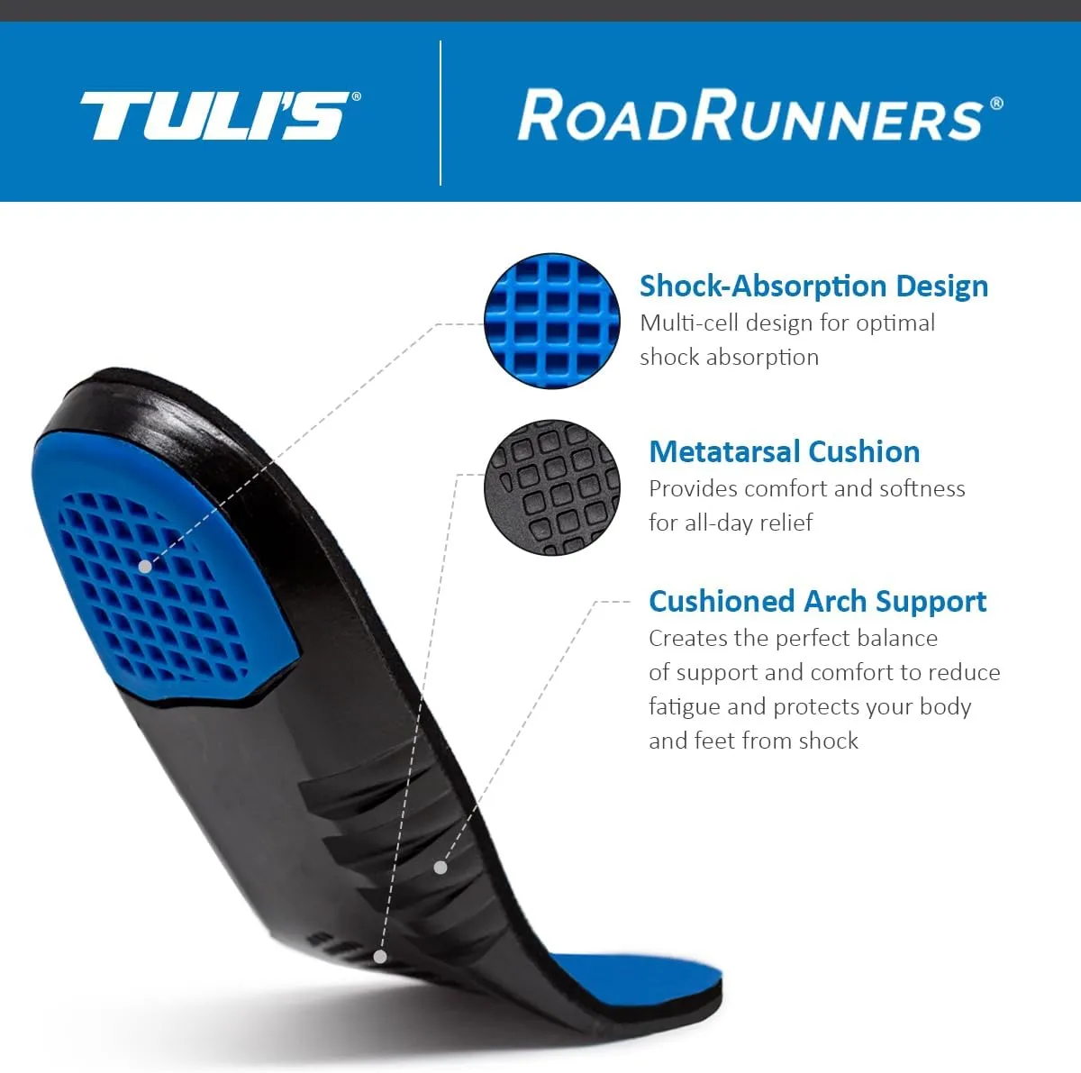 Tuli's RoadRunners, Shoe Replacement Arch Support Insoles with Shock Absorption and Cushioning, Small